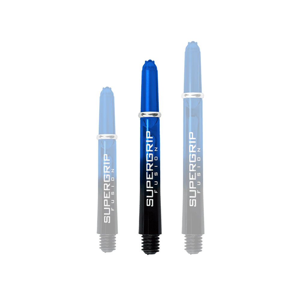 HR337_Harrows_Supergrip_Fusion_Shafts_Blau_40mm_1oh9euFVuoXLmQ Das Bild zeigt drei blaue Harrows Supergrip Fusion Shafts in verschiedenen Längen. Die Shafts bestehen aus einem blauen und schwarzen Farbverlauf mit weißer Aufschrift.