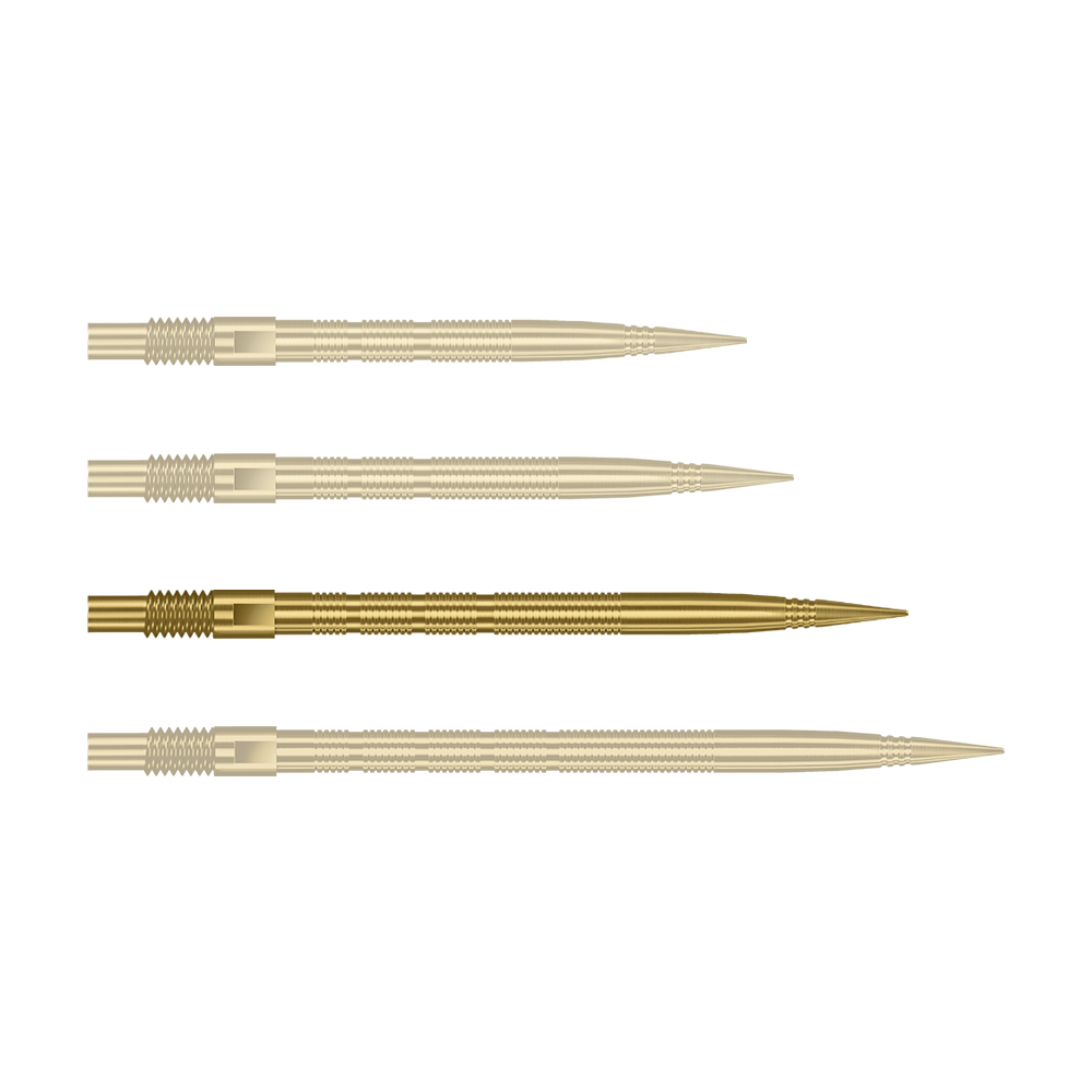 Das Bild zeigt Harrows Quick Point MicroRidge Dartspitzen in Gold, 35mm. Das Produkt ist auf weißem Hintergrund zu sehen.