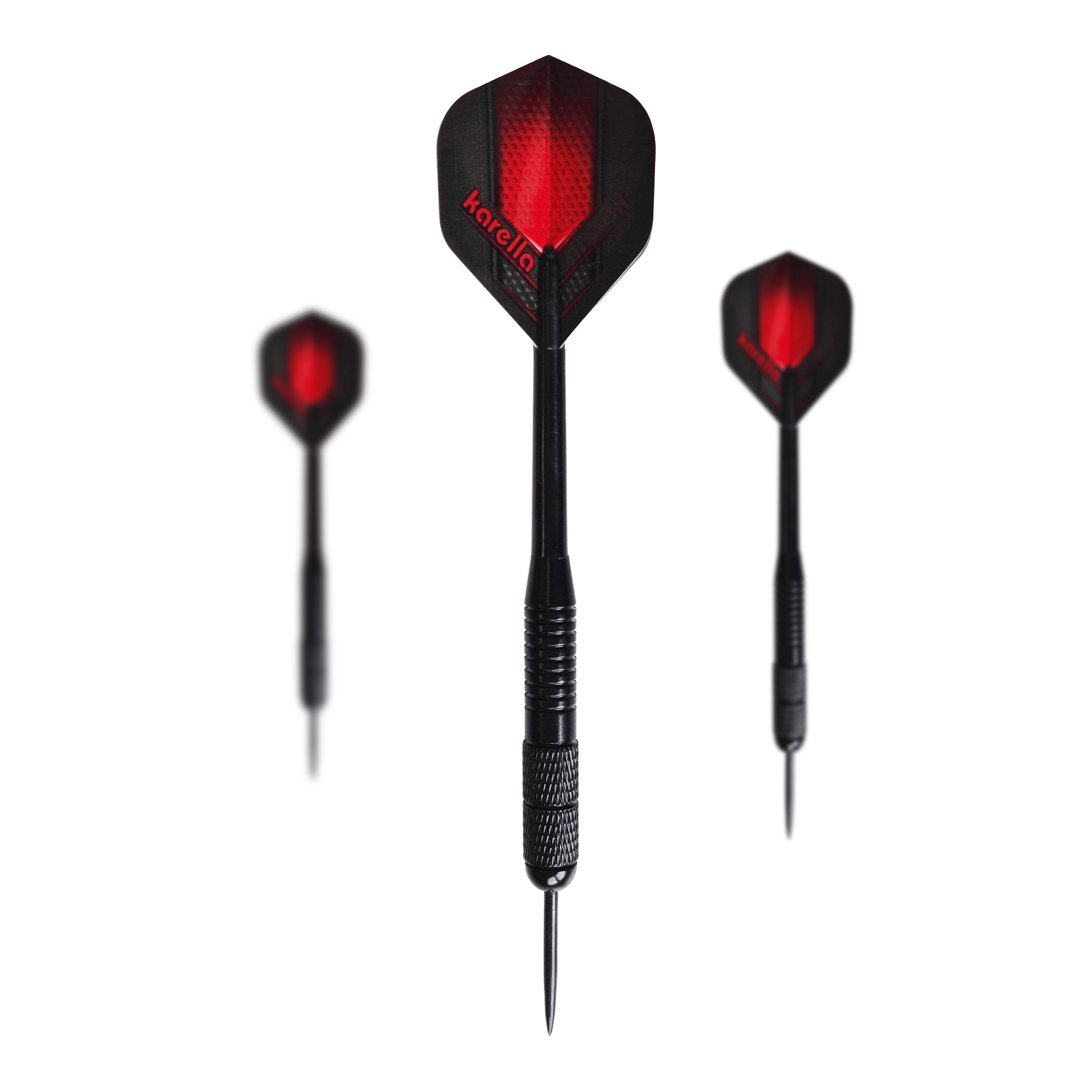 Karella Black Brass Steeldarts - 21g Das Bild zeigt die Karella Black Brass Steeldarts mit einem Gewicht von 21g. Es handelt sich um ein Set schwarzer Steeldarts.