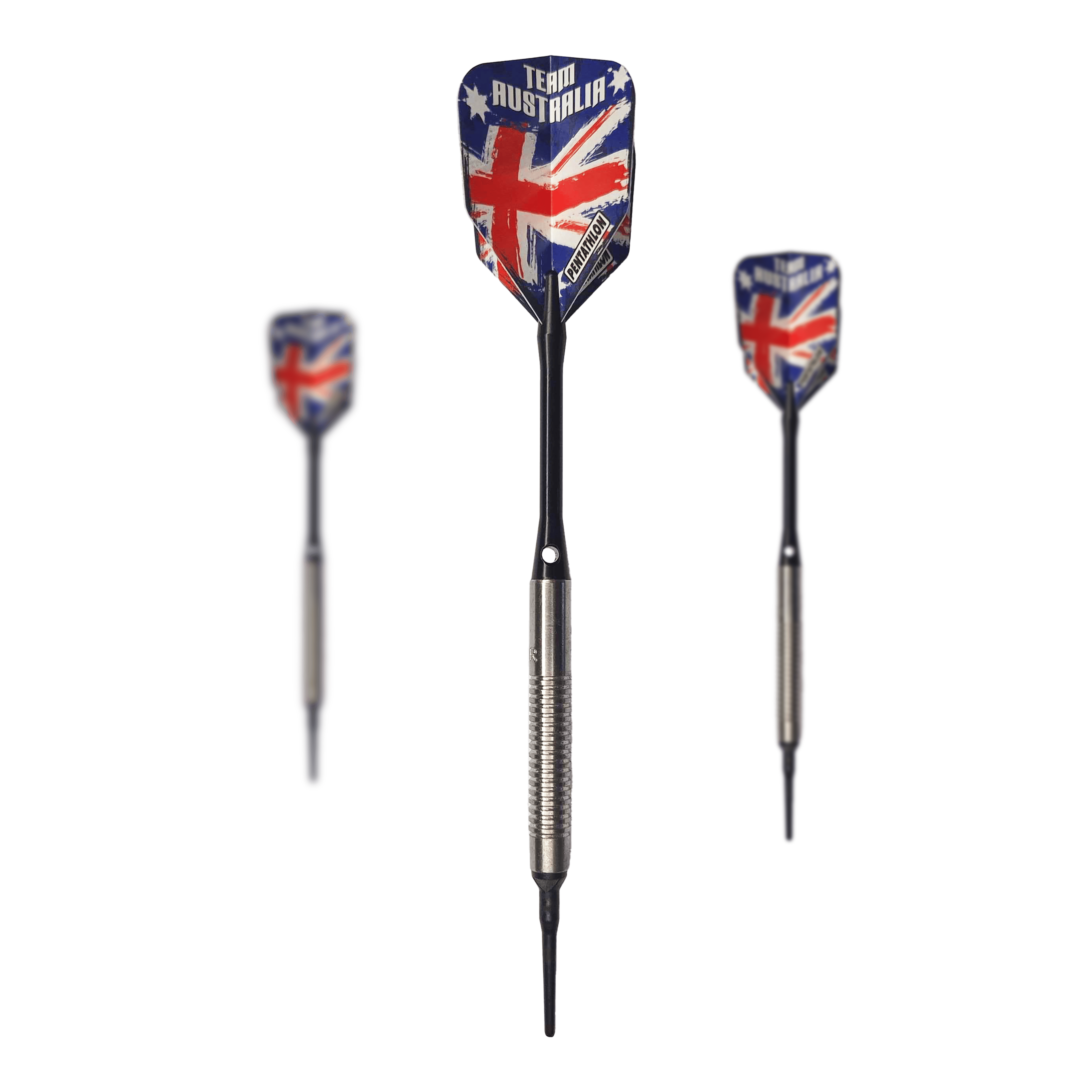 McDart 85er Tungsten V8 Softdarts - 18,5g Auf dem Bild sind drei Softdarts des Modells "McDart 85er Tungsten V8" mit einem Gewicht von 18,5g zu sehen. Die Flights zeigen das Design der australischen Flagge mit der Aufschrift "Team Australia".