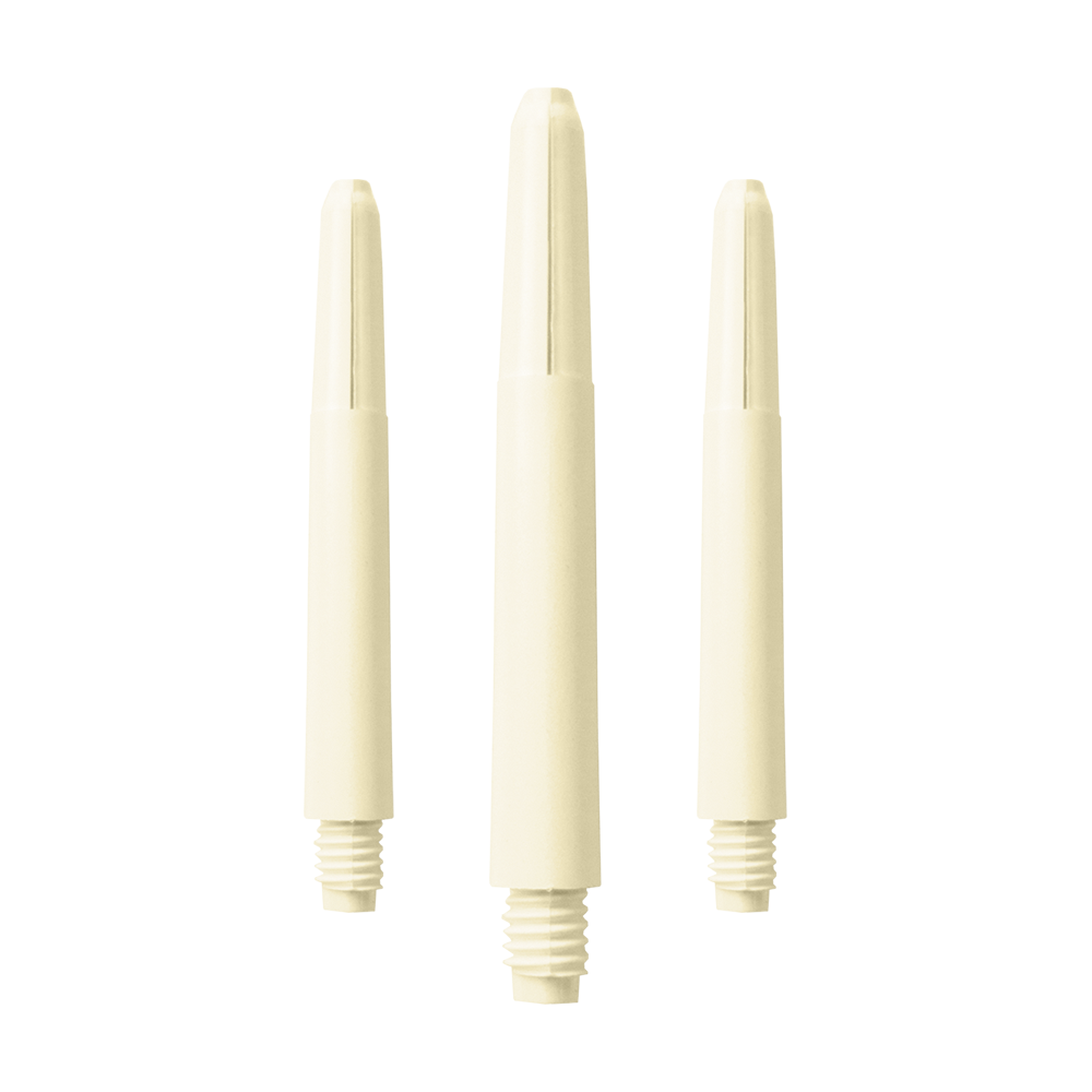 577_Nylon_Shafts_Naturweiss_40mm_1 Das Bild zeigt drei Nylon-Schäfte in Naturweiß. Sie sind länglich geformt und verfügen unten über ein Schraubgewinde.