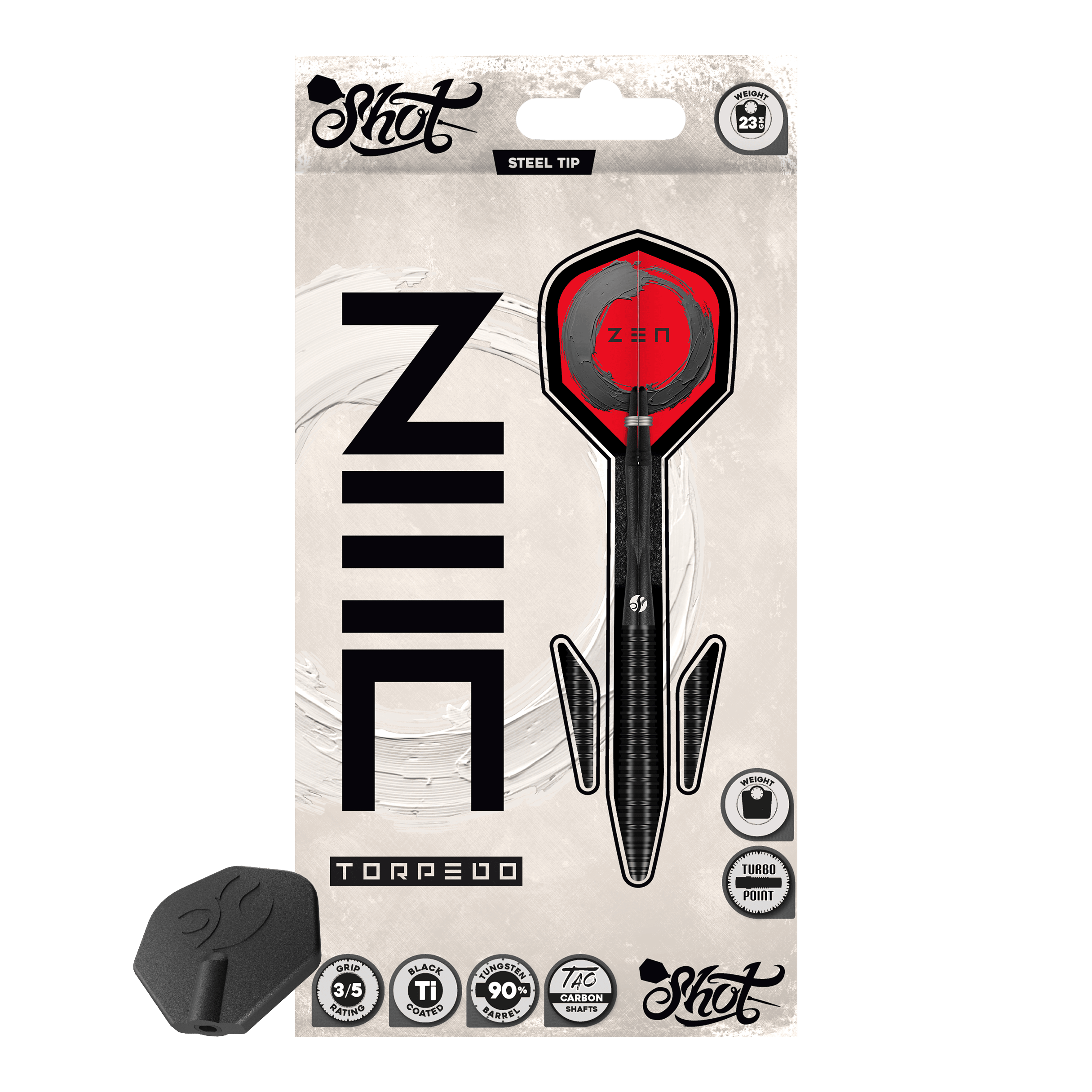 Shot ZEN Torpedo Turbo Point Steeldarts - 23g Die Shot ZEN Torpedo Turbo Point Steeldarts mit 23g werden aus einer anderen Perspektive gezeigt. Die Oberfläche und die Details der Darts sind gut zu erkennen.