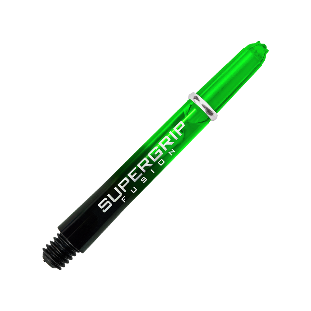 HR340_Harrows_Supergrip_Fusion_Shafts_Gr-n_40mm_2nsFOQYAE4o2Eh Das Bild zeigt einen grünen Harrows Supergrip Fusion Dart-Schaft. Im Hintergrund verlaufen grüne und graue Linien.
