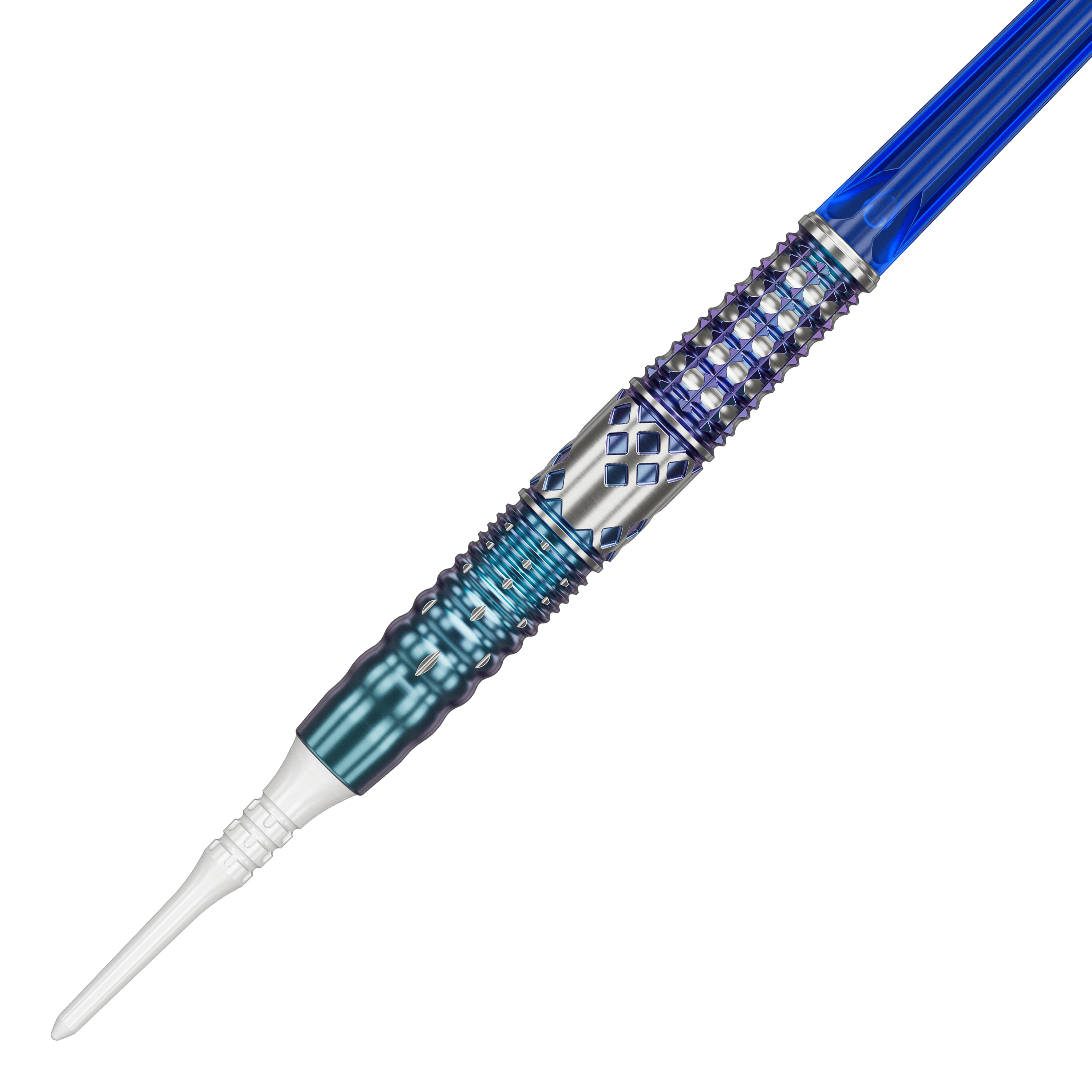 Target Japan Cathy Leung Charis GEN5 Softdarts - 19g Dies ist ein Softdart namens "Target Japan Cathy Leung Charis GEN5 Softdarts - 19g". Er hat ein auffälliges Design mit blauen und silbernen Akzenten sowie strukturierter Oberfläche.