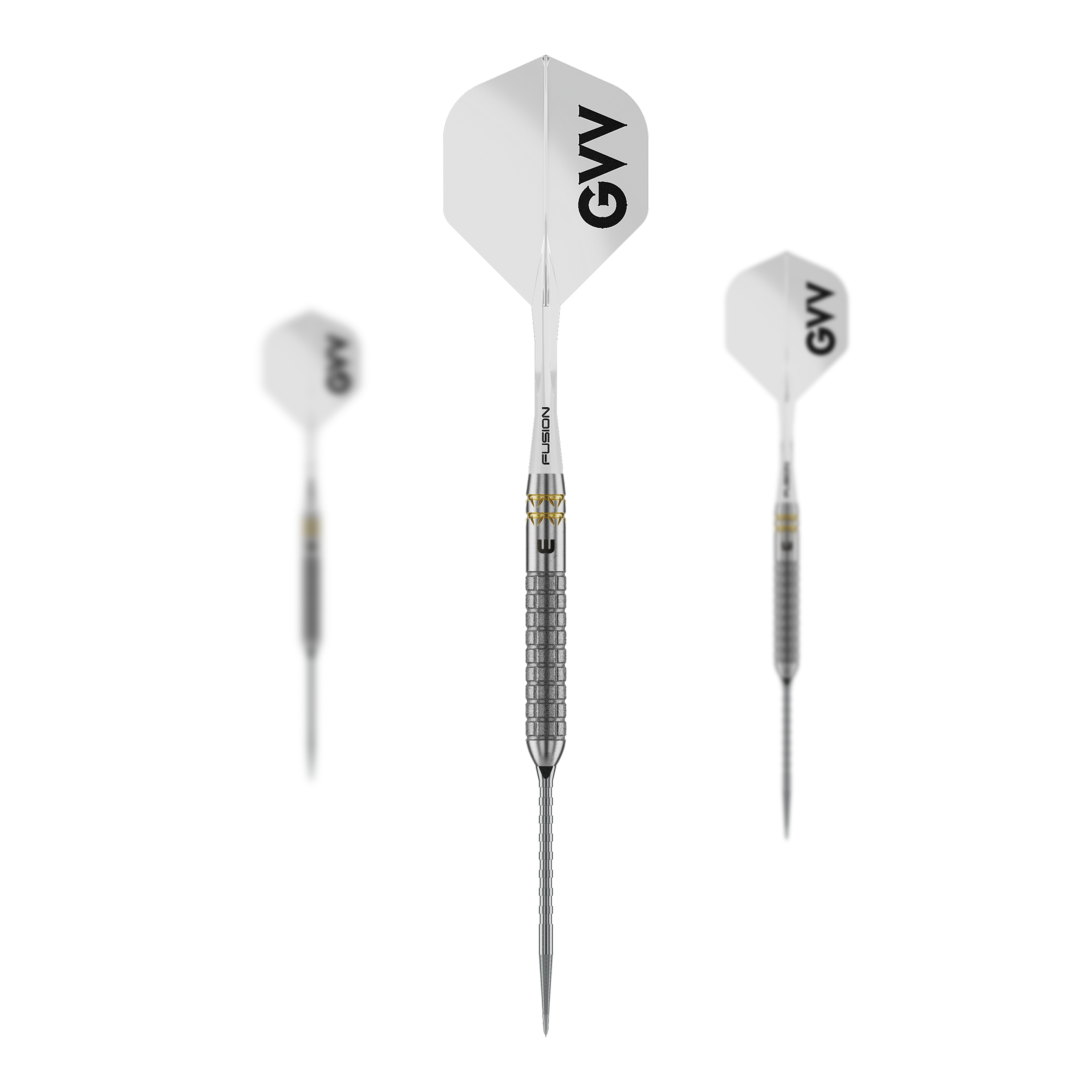Auf dem Bild ist ein Set der Winmau Gian Van Veen W-MAX Switch Point Steeldarts zu sehen. Alle drei Darts und das Zubehör sind abgebildet.