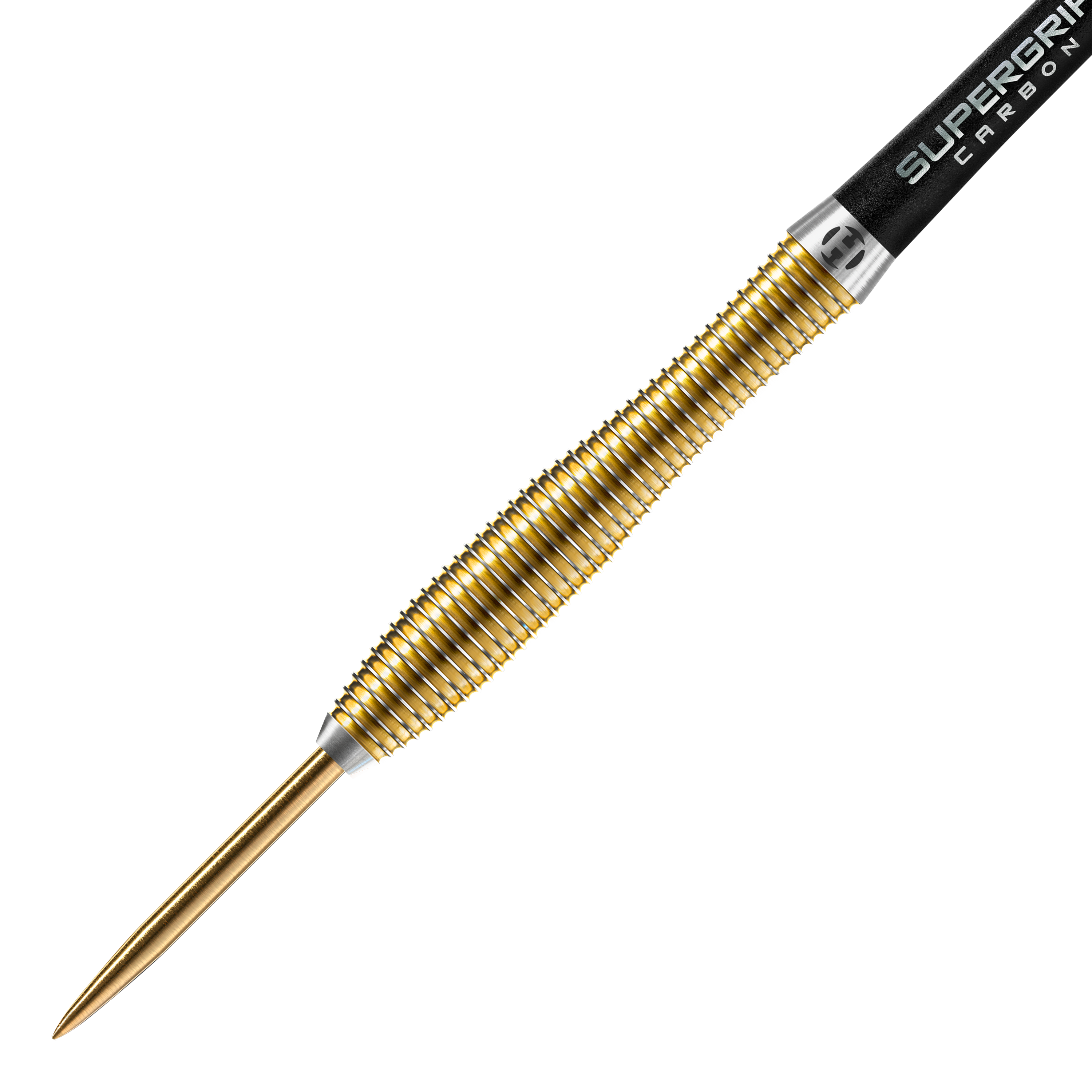 Harrows Anniversary Edition V-Wing Steeldarts Dies ist ein goldfarbener Steeldart mit gerilltem Griff. Am hinteren Ende steht "SUPERGRIP CARBON" auf dem Schaft.