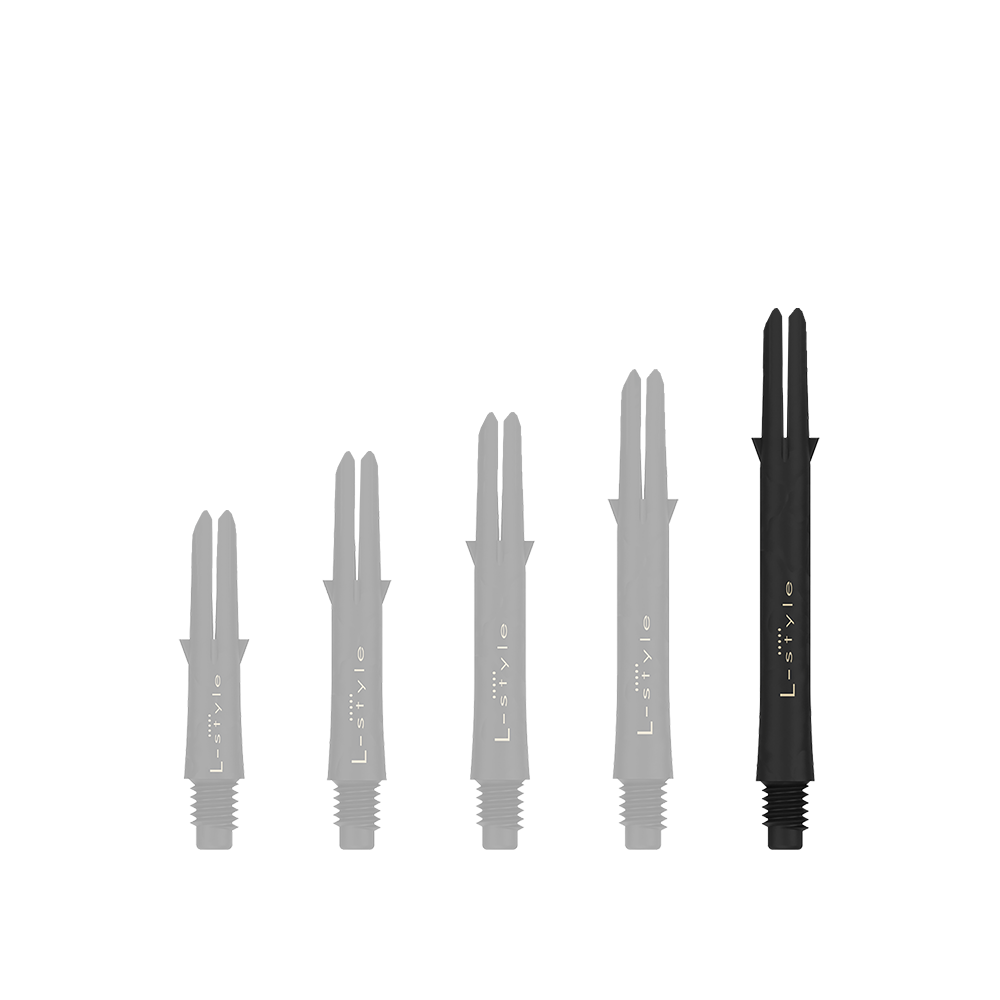 L-Style Carbon Shafts 330 Auf dem Bild sind fünf schwarze Dartschäfte in unterschiedlichen Längen zu sehen. Sie sind senkrecht nebeneinander aufgereiht und tragen die Aufschrift "L-style".