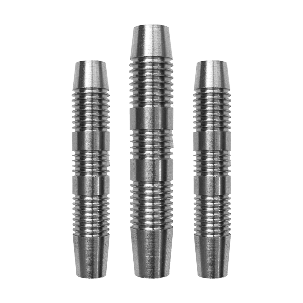 MC57-18_McDart_Spectre_V4_Softdart_Barrels_1w6GZ5NRasX8Hh Das Bild zeigt drei McDart Spectre V4 Softdart Barrels mit einem Gewicht von 18 Gramm. Sie bestehen aus silbernem Metall und haben eine geriffelte Oberfläche für besseren Halt.