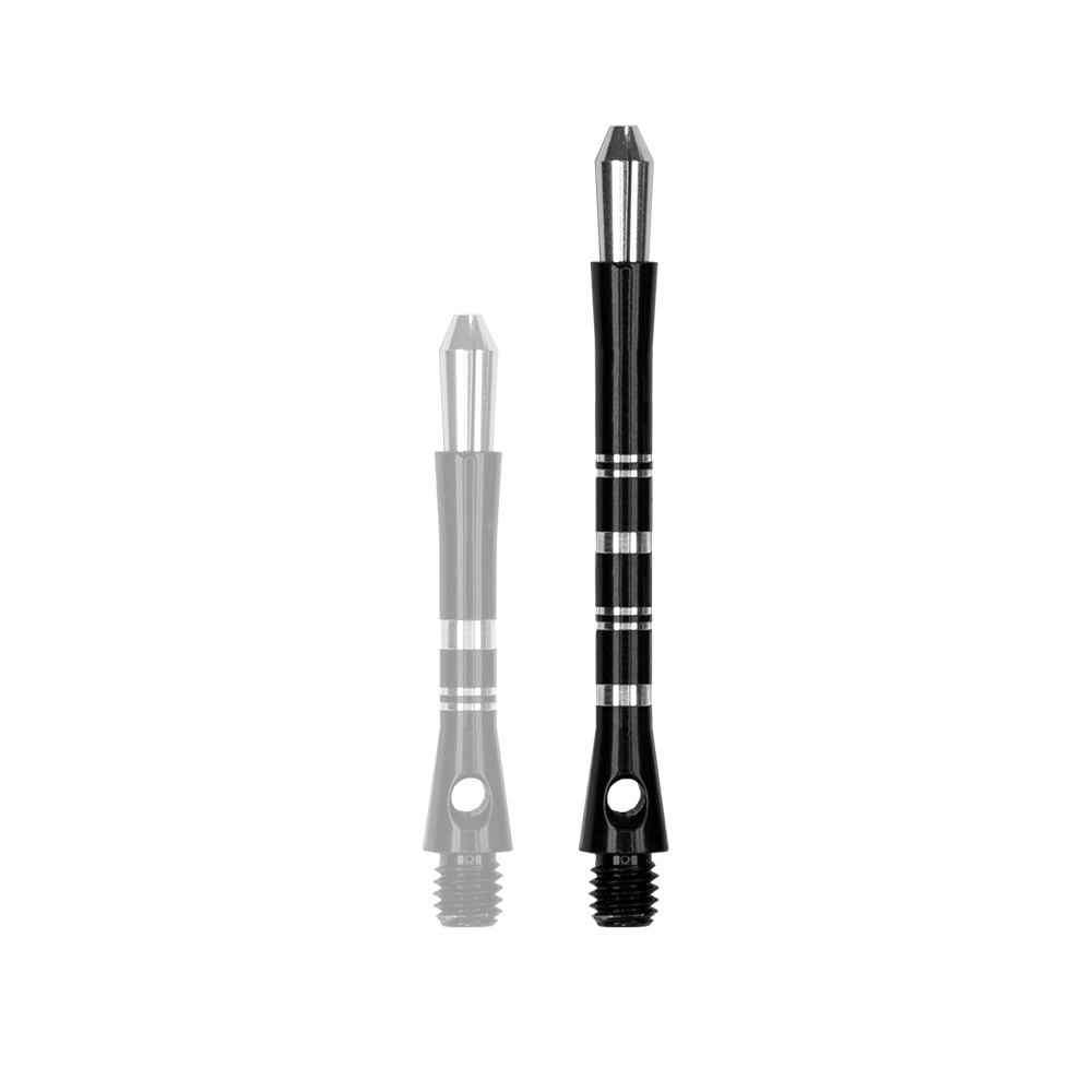561_Target_Colette_Shafts_Schwarz_47mm_1jGH4hlLAHFKNa Das Bild zeigt zwei schwarze Harrows Colette Shafts in unterschiedlicher Länge. Sie besitzen silberne Akzente und ein Gewinde am unteren Ende.