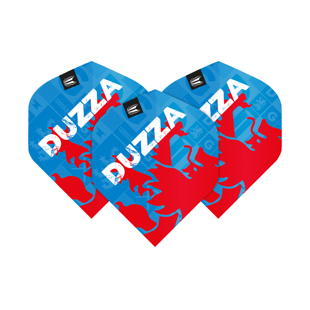 TG7_335730_Target_ProUltra_Glen_Durrant_No2_Standard_Flights_1LLDHvPnZGtvq8 Das Bild zeigt drei Dart-Flights mit dem Namen "DUZZA" in weißer Schrift. Die Flights sind überwiegend blau und rot gestaltet und tragen das Logo von Target.