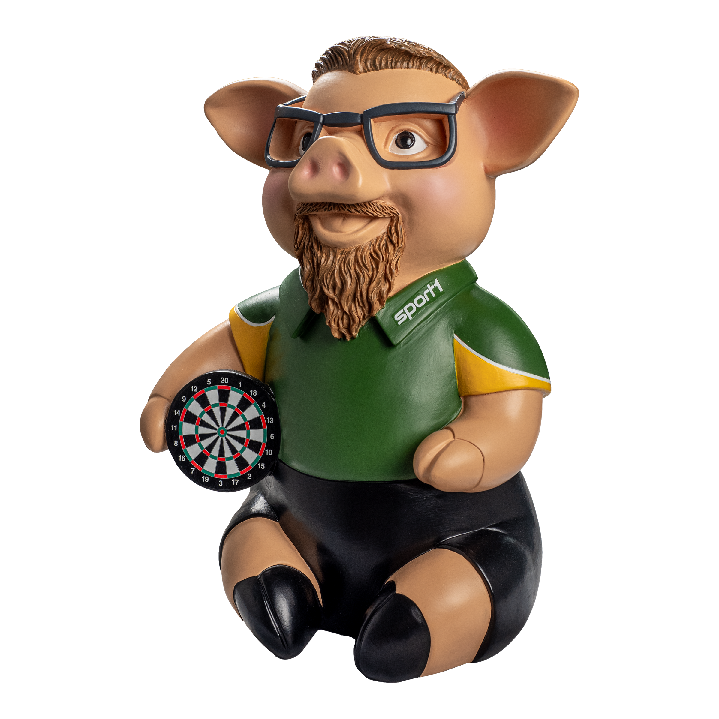 Sport1 Zaubermeister Phrasenschwein Das Bild zeigt eine lustige Sparschwein-Figur mit Brille, Bart und einem Dartbrett in der Hand. Das Schwein trägt ein grünes Sportshirt mit der Aufschrift "Sport1".