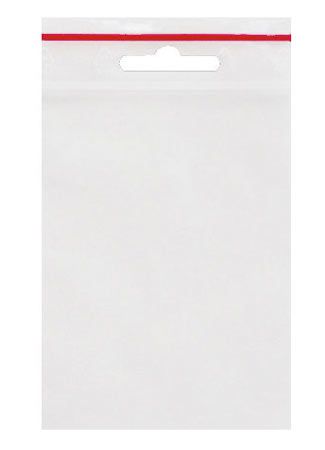 bt5189008376d44 Das Bild zeigt eine durchsichtige Kunststofftüte mit Euroloch und rotem Verschlussstreifen. Die Größe der Tüte beträgt 150 x 100 mm.