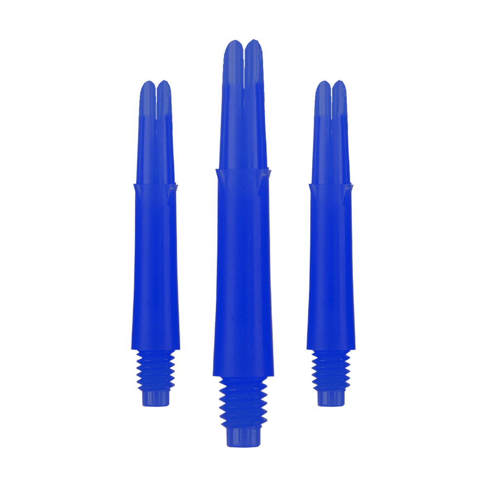 Auf dem Bild sind drei blaue Dartschäfte in unterschiedlicher Höhe zu sehen. Sie haben ein gerades Design und ein Gewinde am unteren Ende.
