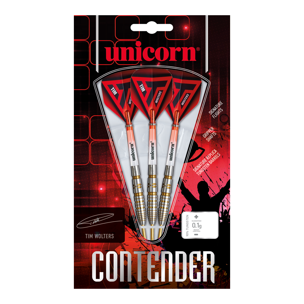 Das Bild zeigt eine Packung Unicorn Contender Tim Wolters Steeldarts mit einem Gewicht von 24g. Die Darts haben rote Flights und silber-goldene Griffe.