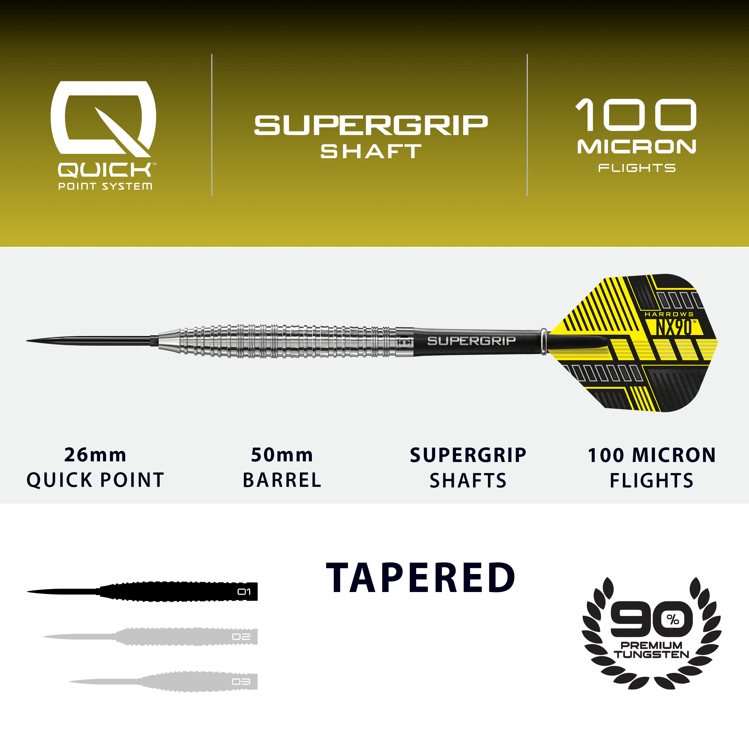 Harrows NX90 Tapered Quick Point Steeldarts Zu sehen sind die Harrows NX90 Tapered Quick Point Steeldarts. Diese Darts sind konisch geformt und bieten optimalen Halt beim Wurf.