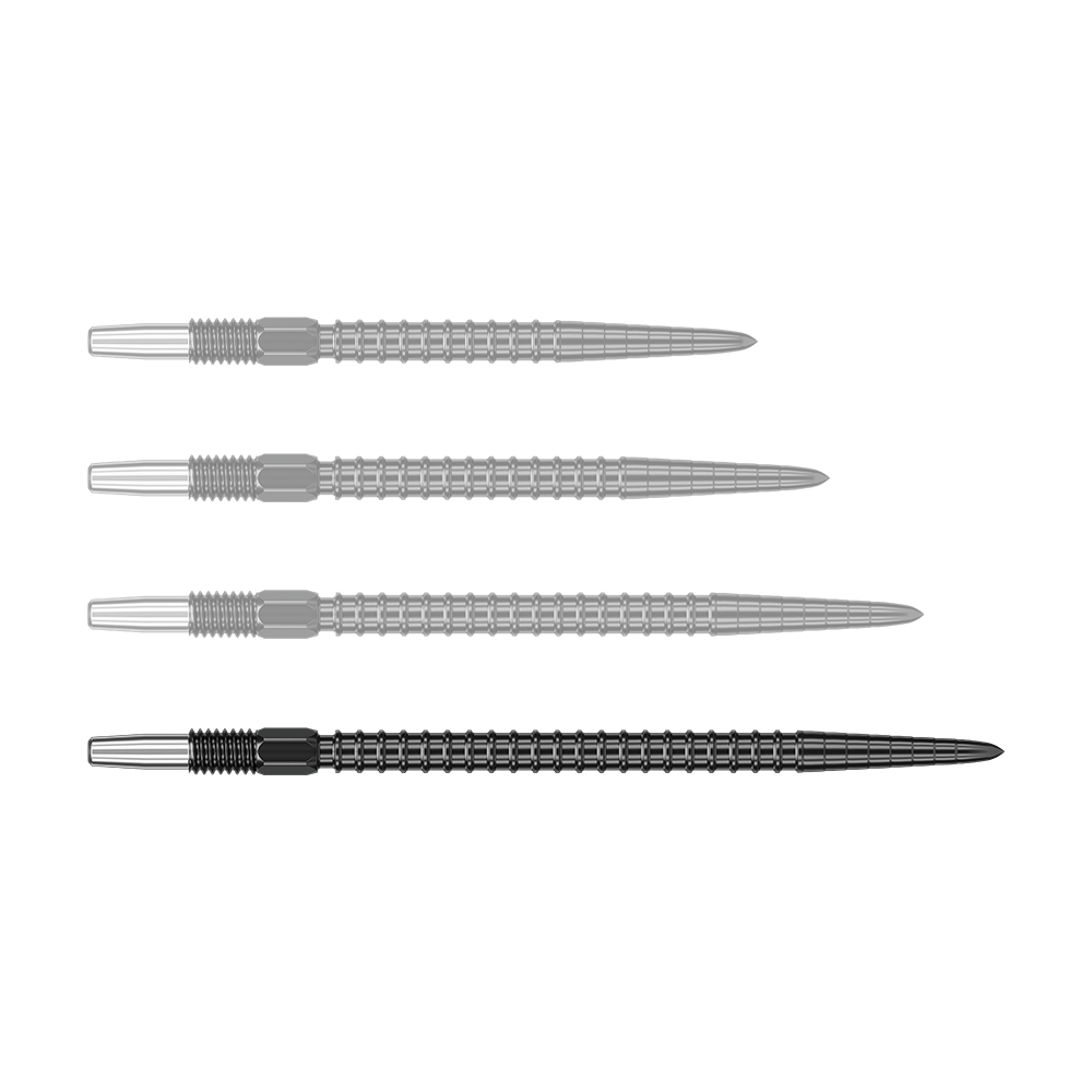 Das Bild zeigt vier schwarze Dartspitzen, die nebeneinander liegen. Die Spitzen haben ein geriffeltes Design und silberne Enden.