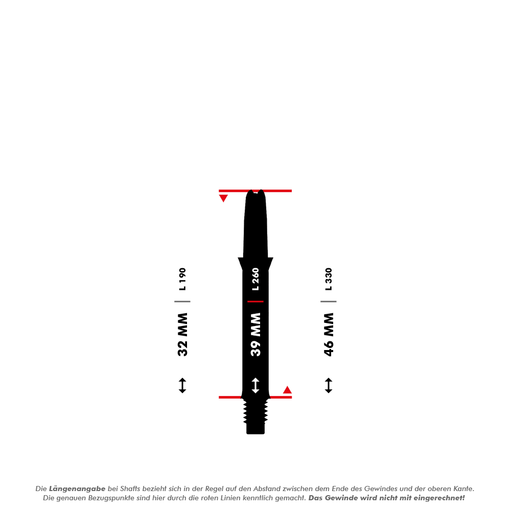 L-Style L-Shaft Carbon Silent Straight - Weiß Das Bild zeigt einen schwarzen Dart-Schaft mit Längenangaben in Millimetern. Die mittlere Länge des Schafts beträgt 39 mm, gemessen zwischen den rot markierten Linien.