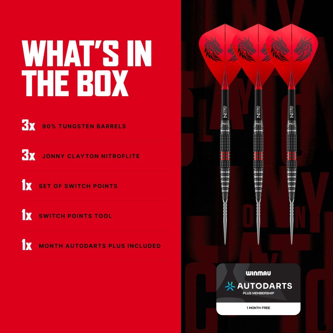 Red Dragon Jonny Clayton RD-PRO Switch Point Steeldarts Die Aufnahme zeigt Red Dragon Jonny Clayton RD-PRO Switch Point Steeldarts aus einer anderen Perspektive. Die feine Struktur und Form der Darts ist erkennbar.