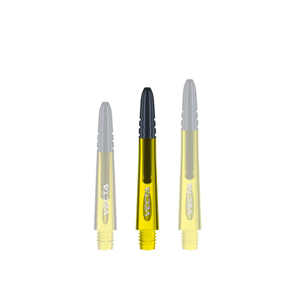 7025-406_Winmau_Vecta_Shafts_Gelb_37mm_15b2sqiMUz0LFq Das Bild zeigt drei gelbe Winmau Vecta Shafts für Dartpfeile. Die Shafts haben schwarze Spitzen und sind in unterschiedlichen Längen dargestellt.