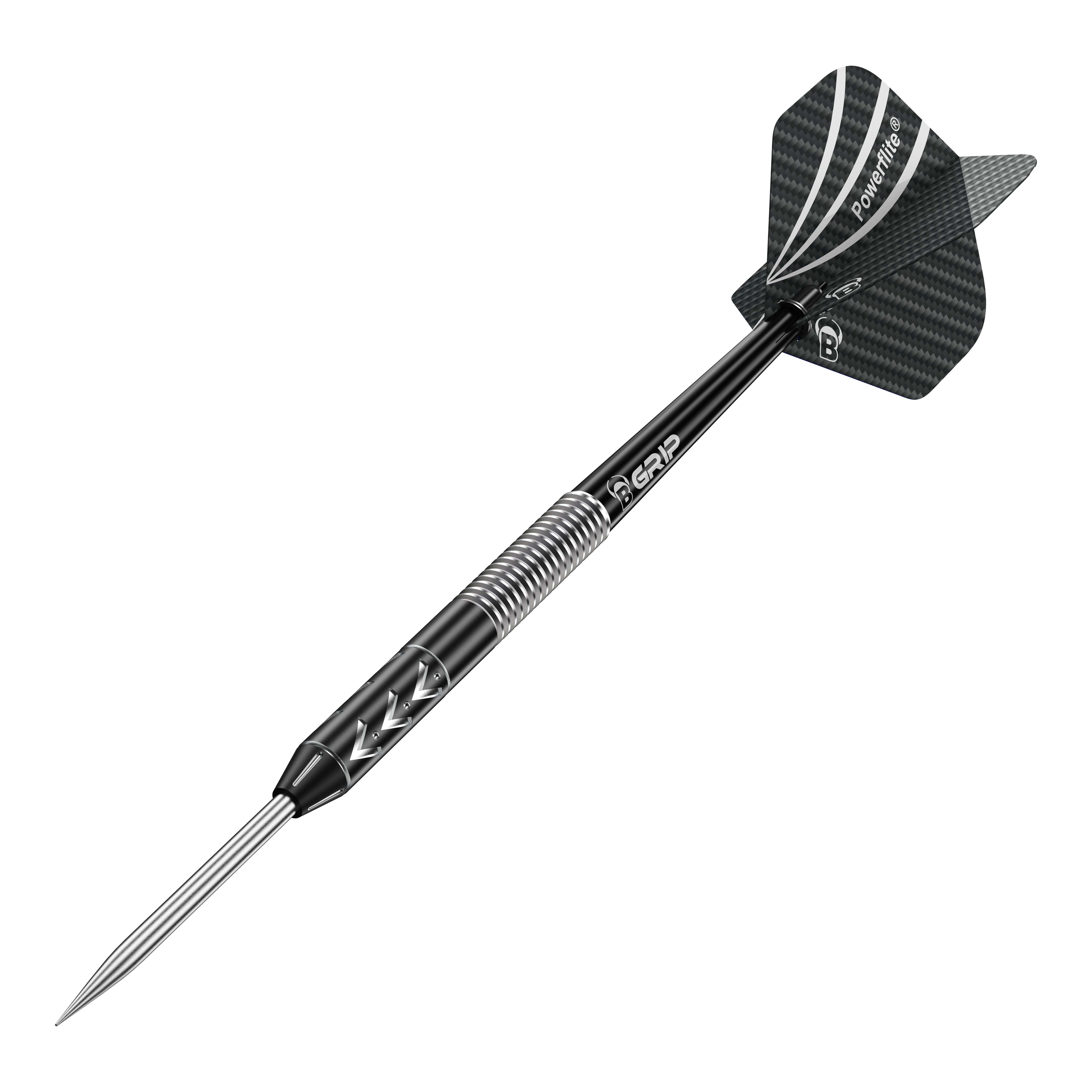 Bulls Challenger Arno Merk Steeldarts - 22g Das Bild zeigt einen Bulls Challenger Arno Merk Steeldart mit einem Gewicht von 22g. Der Dart ist überwiegend schwarz mit einem silbernen Griffbereich und einer schwarzen Flight.
