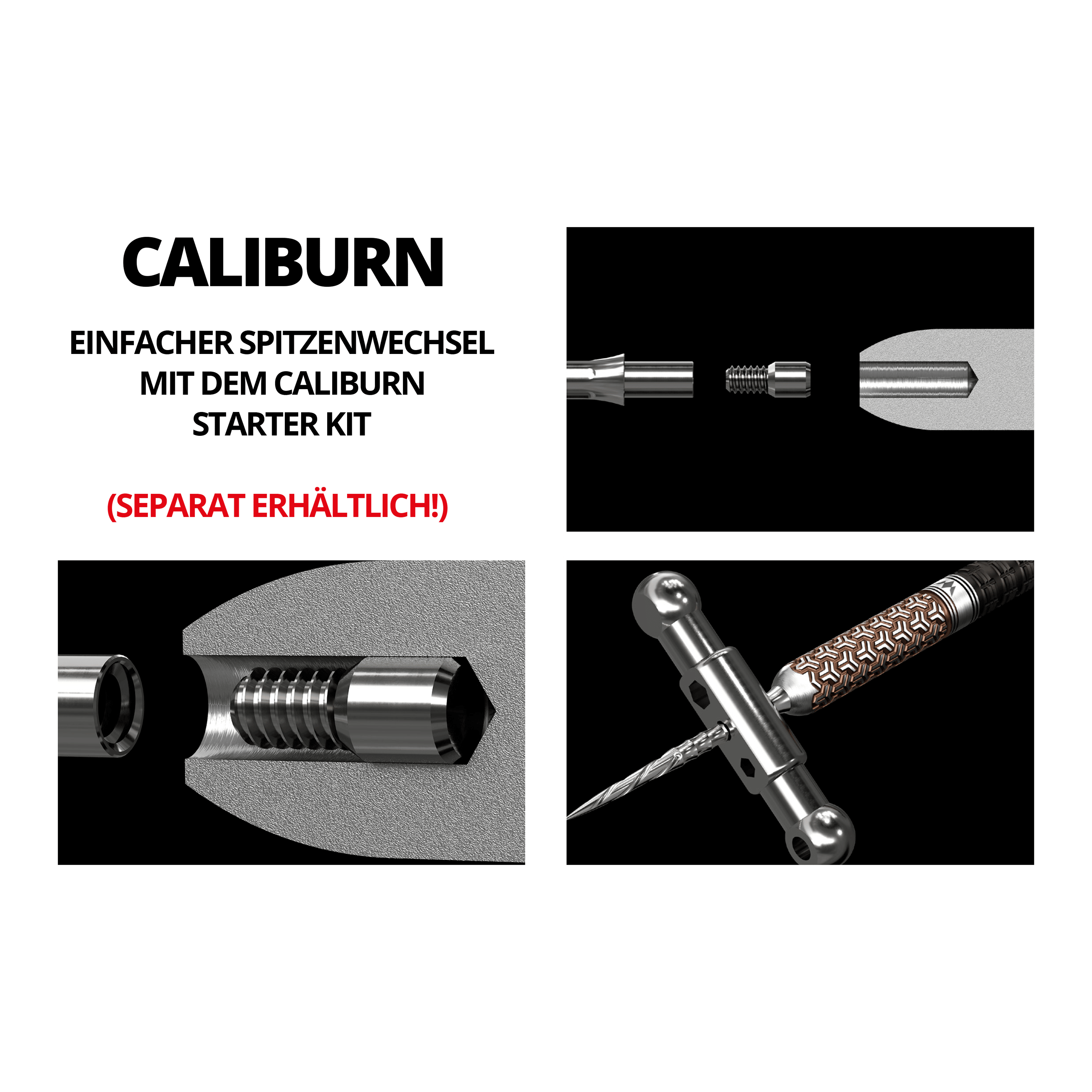 Mission Caliburn EVO Dartspitzen - Ripple - Coral Das Bild zeigt verschiedene Detailansichten eines austauschbaren Steeldartspitzensystems. In mehreren Abbildungen werden die einzelnen Komponenten und der Zusammenbau des Systems dargestellt.
