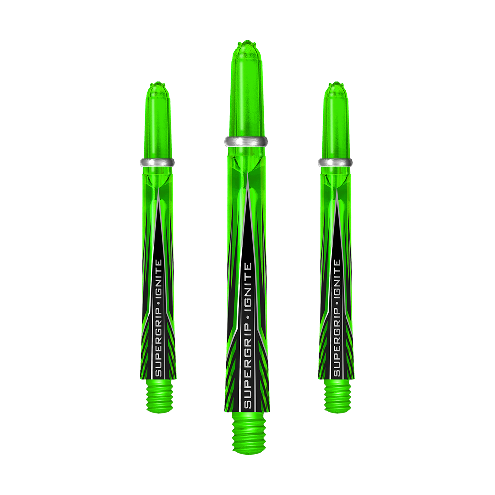 HR391_Harrows_Supergrip_Ignite_Shafts_Gr-n_47mm_1KXrnsns4Yv19y Das Bild zeigt drei grüne Harrows Supergrip Ignite Shafts für Dartpfeile. Die Shafts haben ein modernes Design mit schwarzer und weißer Beschriftung.