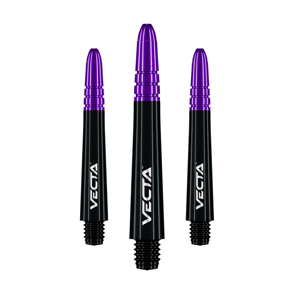 Das Bild zeigt drei Dartschäfte mit schwarzem Schaft und violettem Kopf. Auf den Schäften steht das Wort "VECTA" in weißer Schrift.