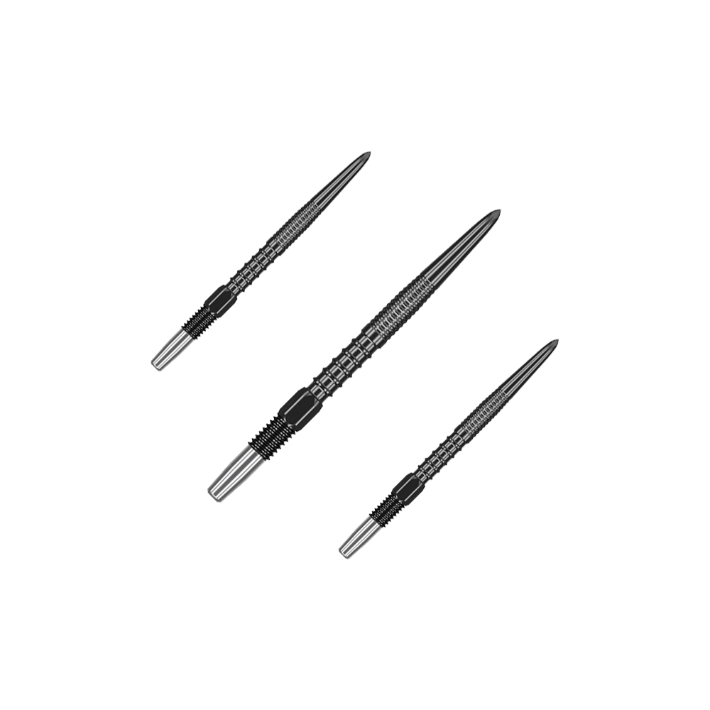 Das Bild zeigt drei schwarze Dartspitzen, die nebeneinander angeordnet sind. Sie sind schmal und haben ein geripptes Design für besseren Halt.