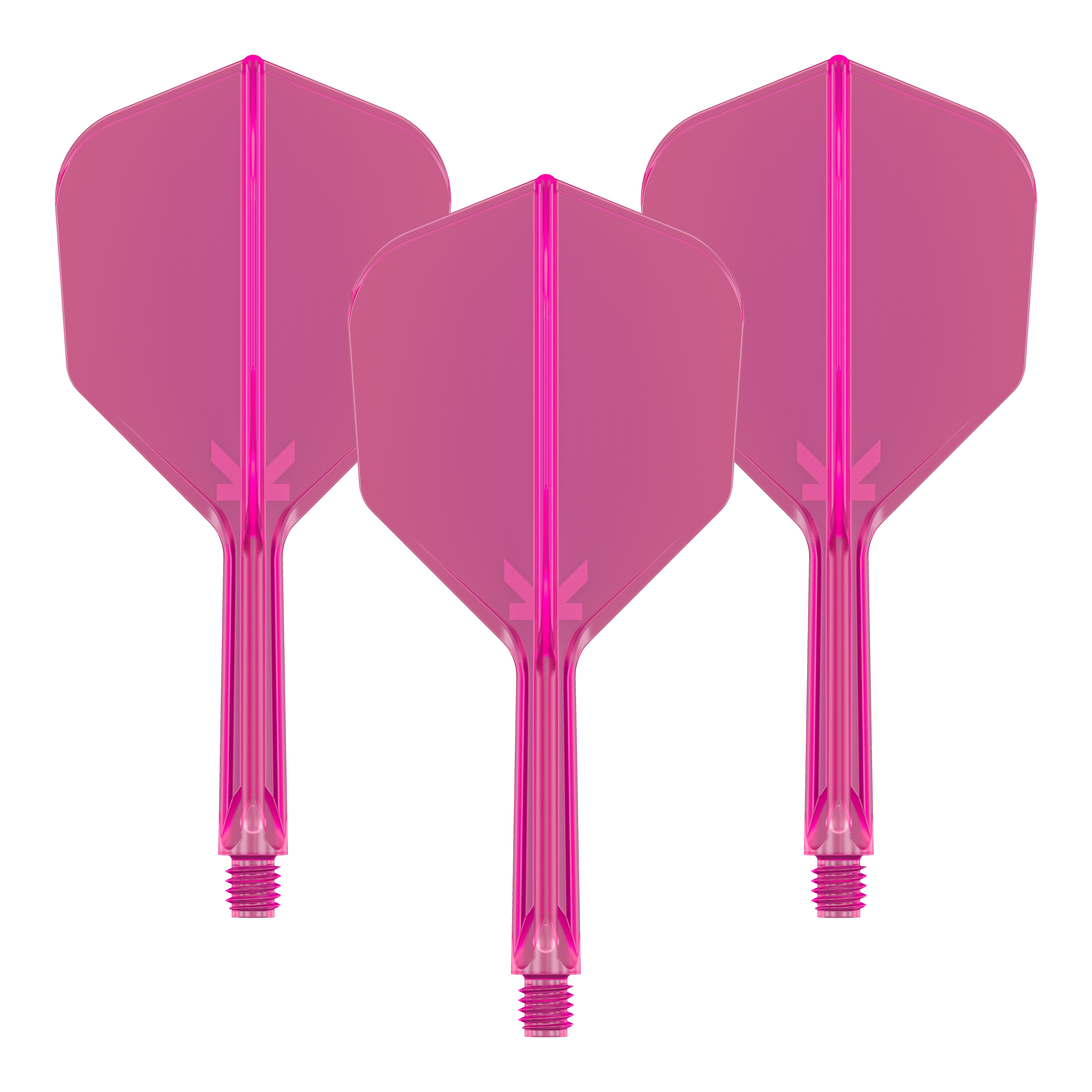 Auf dem Bild sind drei neonpinke Dartflights mit Schaft zu sehen. Sie sind identisch und haben eine schlichte, moderne Form.