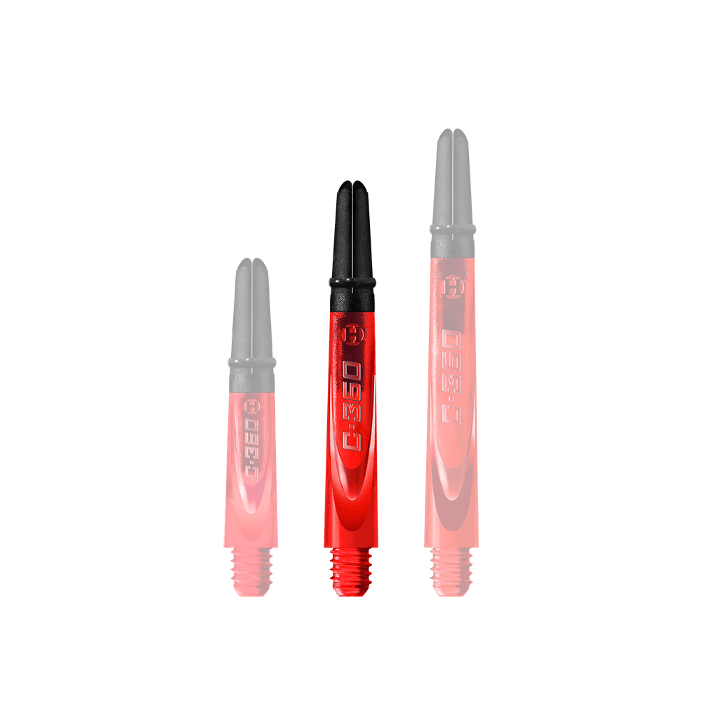 Auf dem Bild sind drei rote und schwarze Dartschäfte in verschiedenen Längen zu sehen. Sie tragen die Aufschrift "C-360" und haben ein modernes, glänzendes Design.