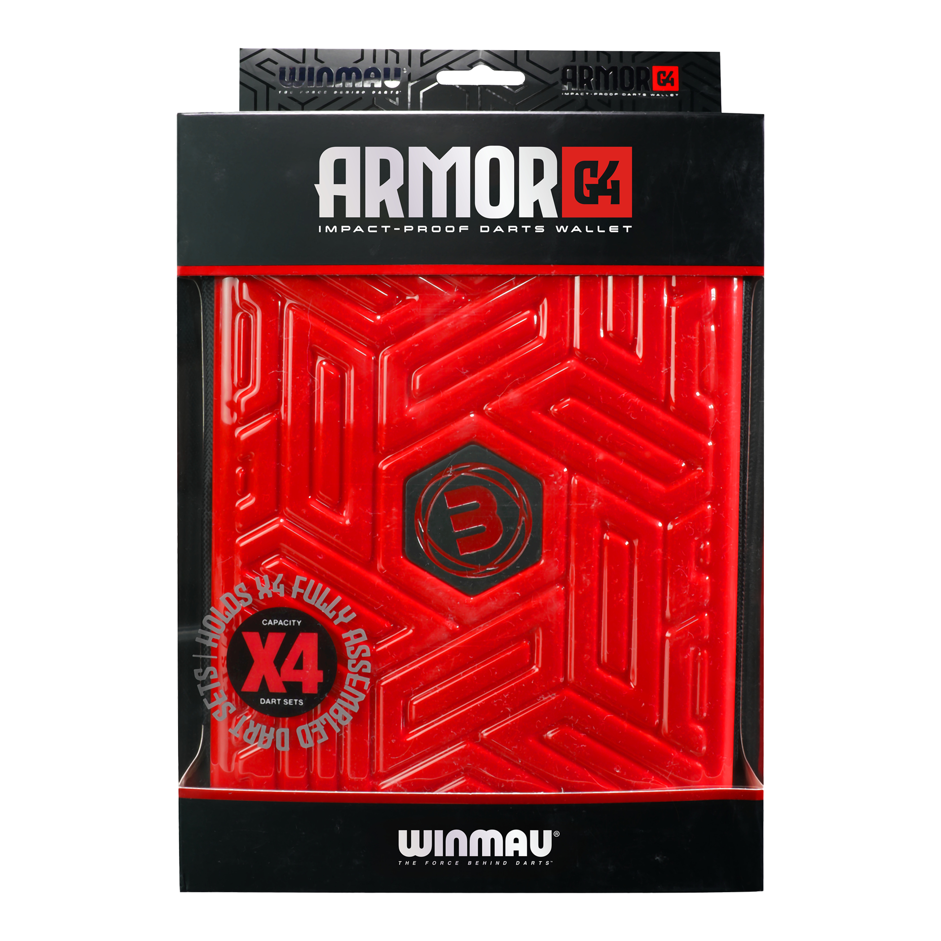 Das Bild zeigt ein rotes, stoßfestes Dart-Etui der Marke Winmau mit dem Namen "Armor G4". Es hat Platz für vier komplett montierte Dart-Sets.