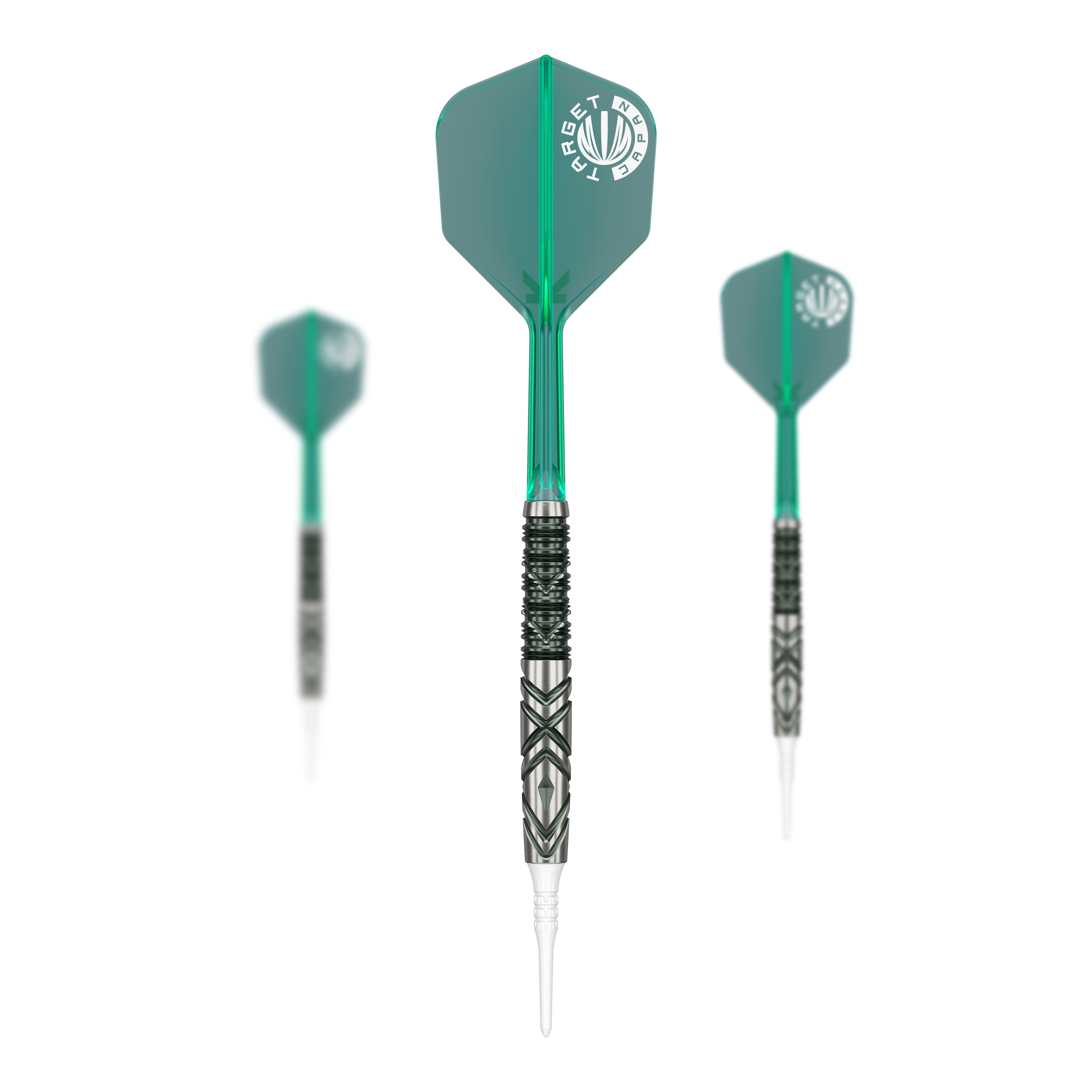 Target Japan Mikuru Suzuki The Miracle GEN6 Softdarts - 21,5g Das Bild zeigt drei Softdarts mit grünen Flights und verziertem silber-schwarzen Barrel. Es handelt sich um das Produkt "Target Japan Mikuru Suzuki The Miracle GEN6 Softdarts - 21,5g".