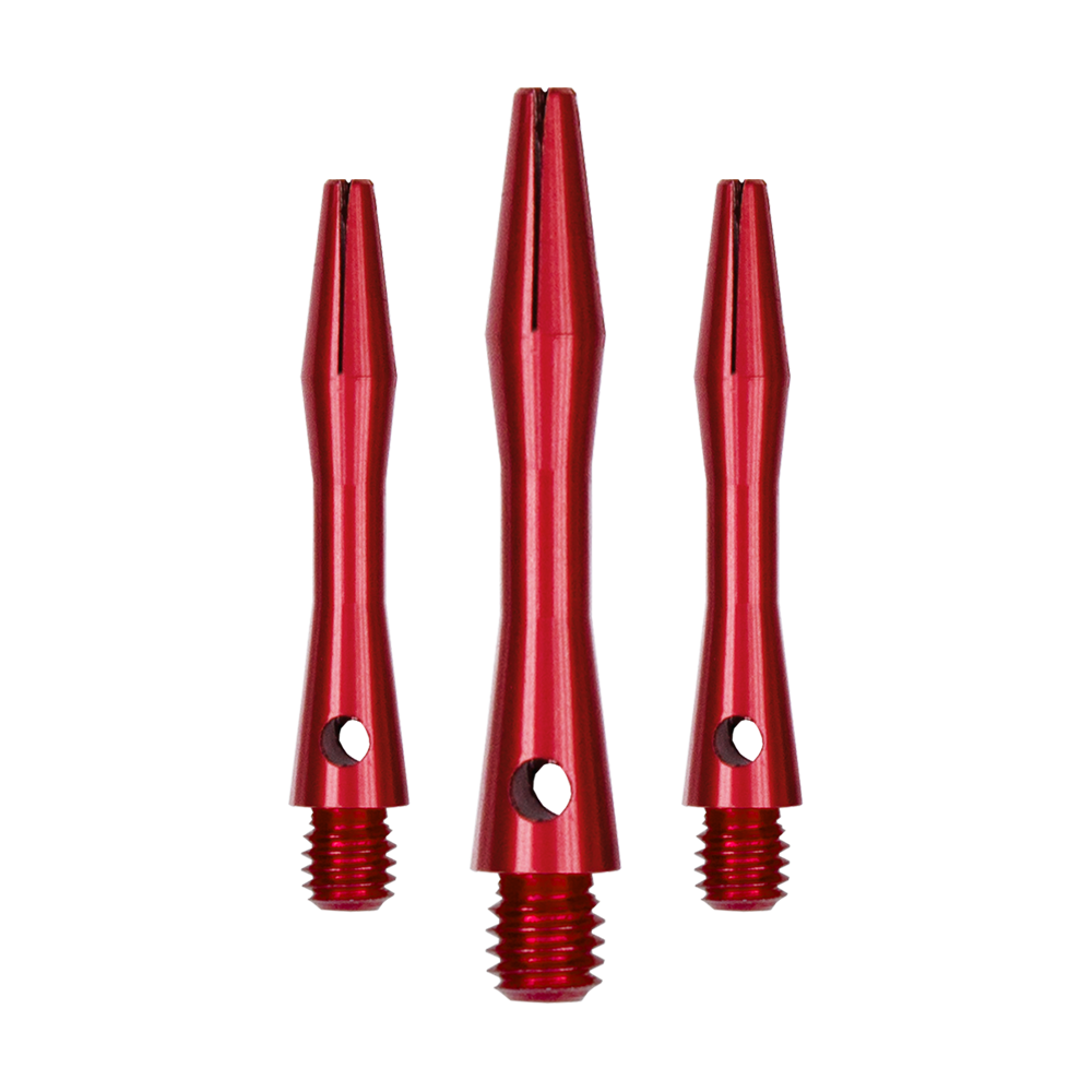 Auf dem Bild sind drei rote Aluminiumschäfte zu sehen. Sie haben ein schlankes Design und sind jeweils mit einem Gewinde am unteren Ende versehen.