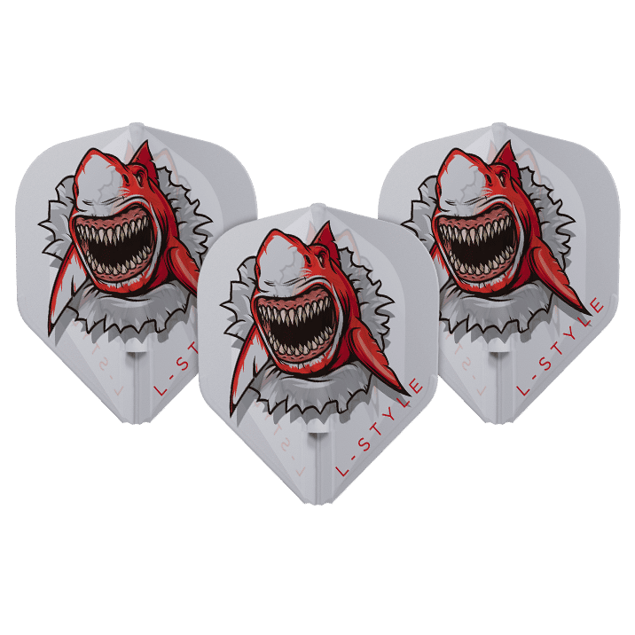 L-Style Florian Hempel Clear White Signature Champagne L1EZ Flights Auf dem Bild sind drei weiße Dart-Flights mit einem auffälligen roten Haifisch-Design zu sehen. Am Rand steht der Markenname "L-Style".