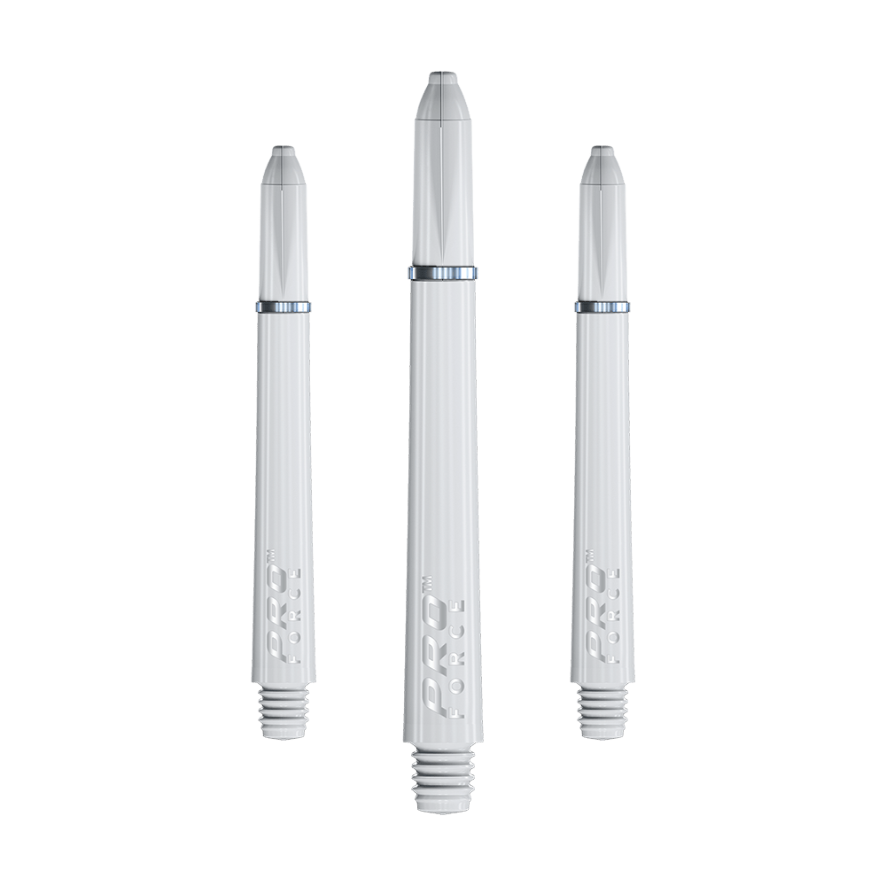 Das Bild zeigt drei weiße Winmau Pro-Force Shafts für Darts. Sie haben ein glattes, geriffeltes Design und sind mit "PRO FORCE" beschriftet.