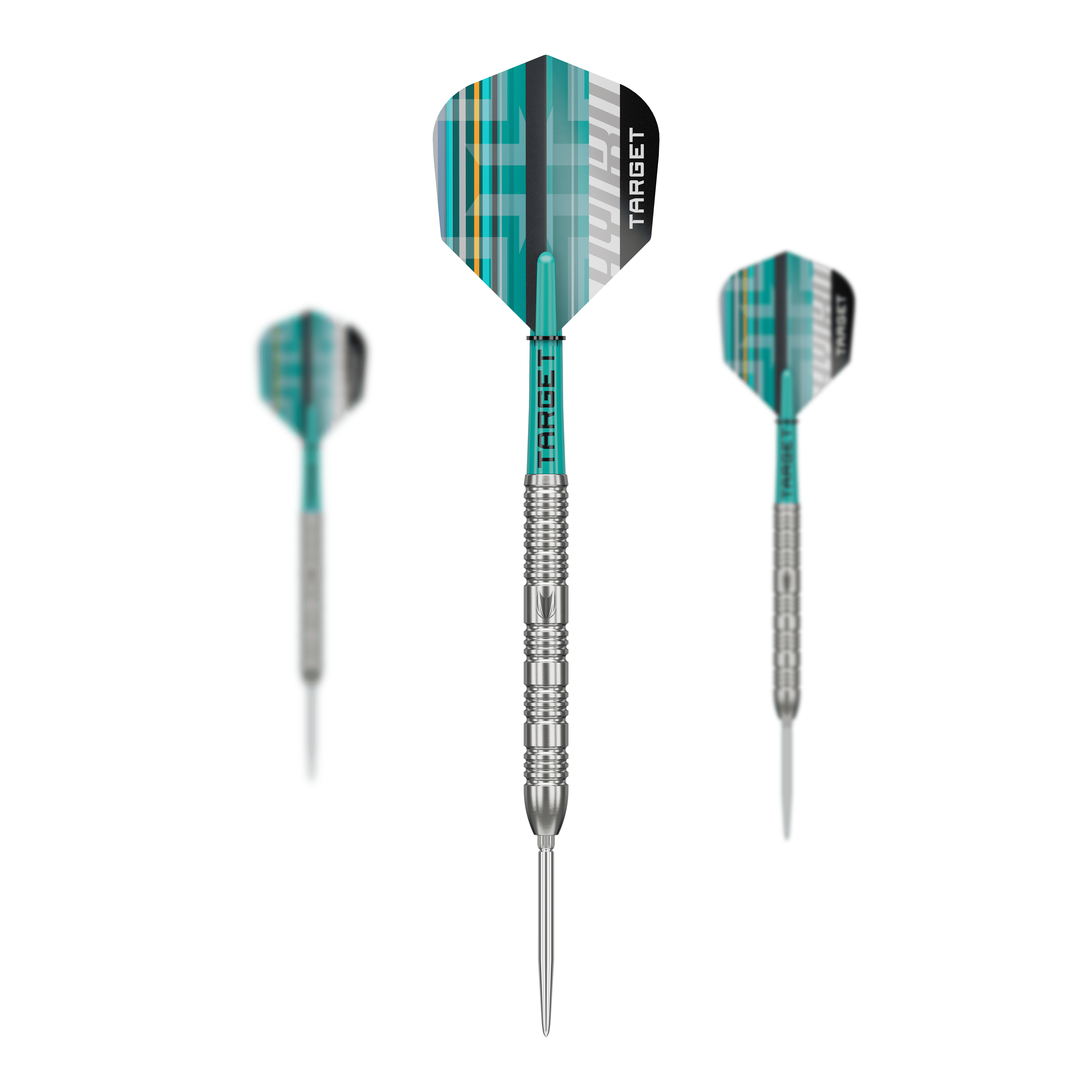 Target Hydro 02 Swiss Point Steeldarts Das Foto zeigt ein Set der Target Hydro 02 Swiss Point Steeldarts. Die verschiedenen Teile des Sets sind gut erkennbar.