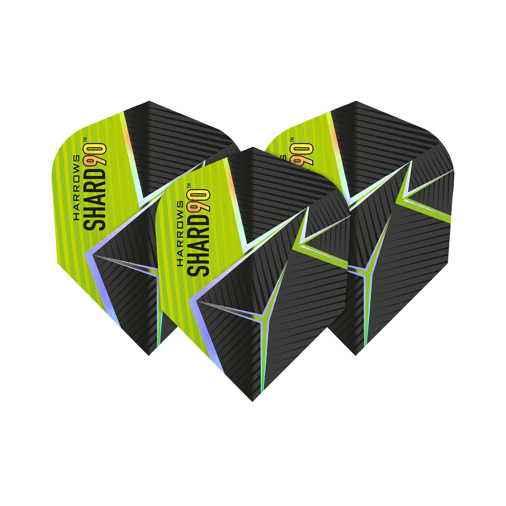 Das Bild zeigt drei Harrows Prime Shard No6 Flights für Darts. Die Flights haben ein schwarz-gelbes Design mit futuristischen Linien und dem Aufdruck "SHARD 90".
