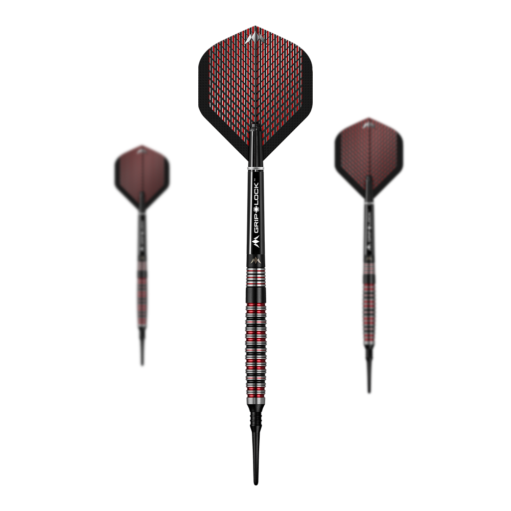 Mission Red Dawn Model 3 Softdarts - 20g Das Bild zeigt drei Softdarts des Modells Mission Red Dawn Model 3 mit einem Gewicht von 20g. Die Darts haben schwarze und rote Flights sowie silberne und rote Griffe.
