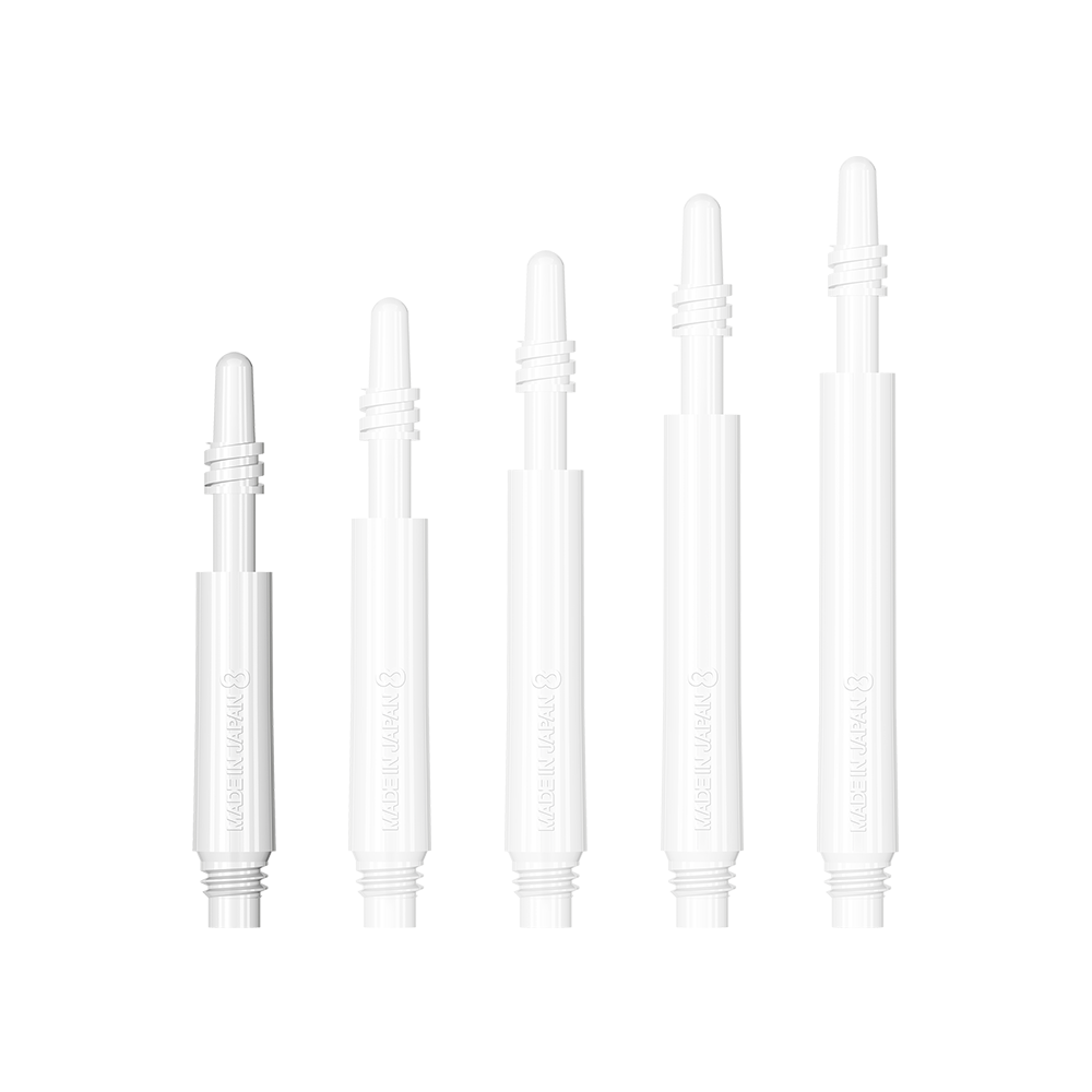 400315_8Flight_Regular_Spin_Shafts_White_19mm_1fZuXeyx0zZPWR Das Bild zeigt fünf weiße Dartschäfte des Modells „8 Flight Regular Spin“. Die Schäfte sind in unterschiedlicher Länge angeordnet.