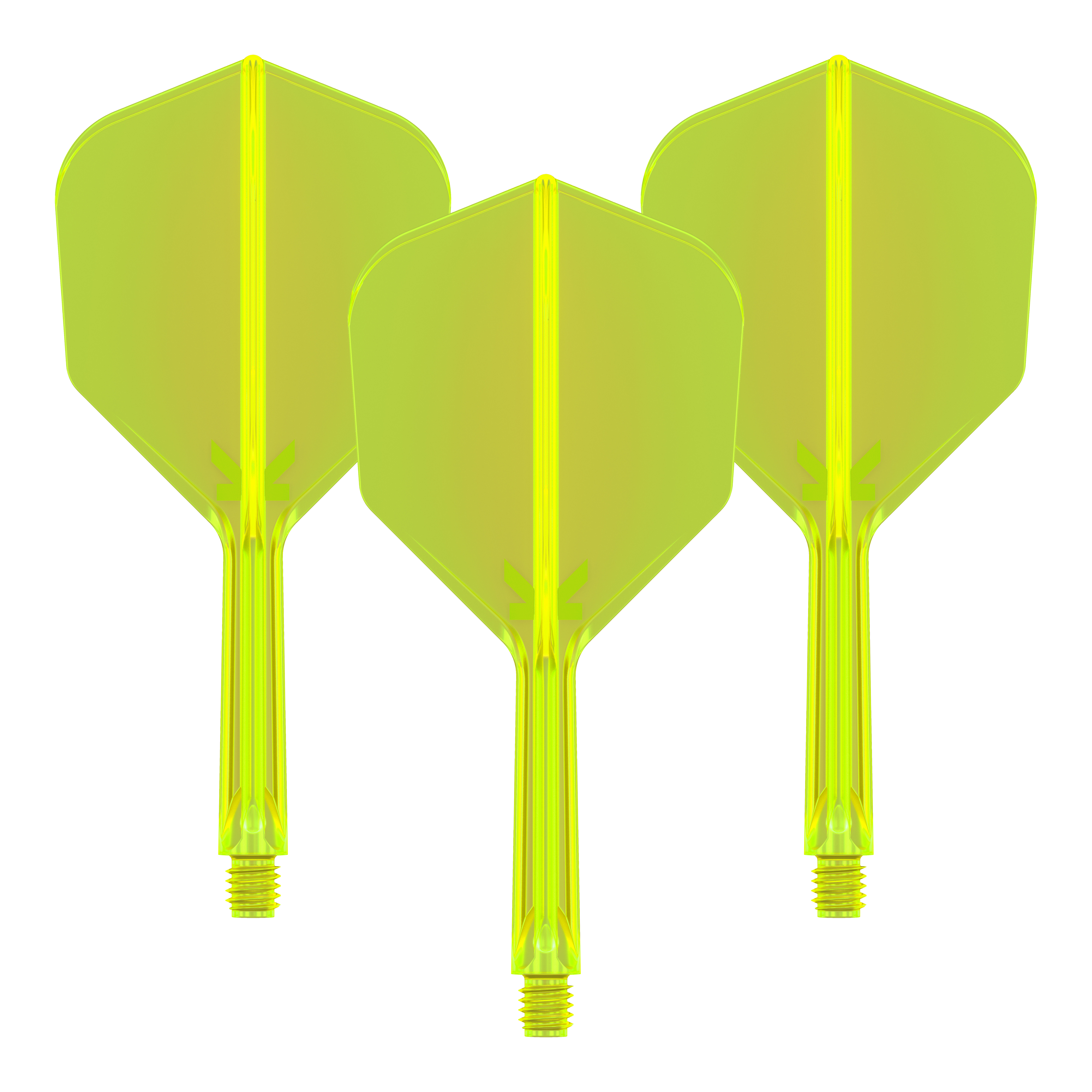 Auf dem Bild sind drei neon-gelbe Dartflights mit Schaft zu sehen. Sie sind nebeneinander angeordnet und haben eine moderne, einheitliche Form.