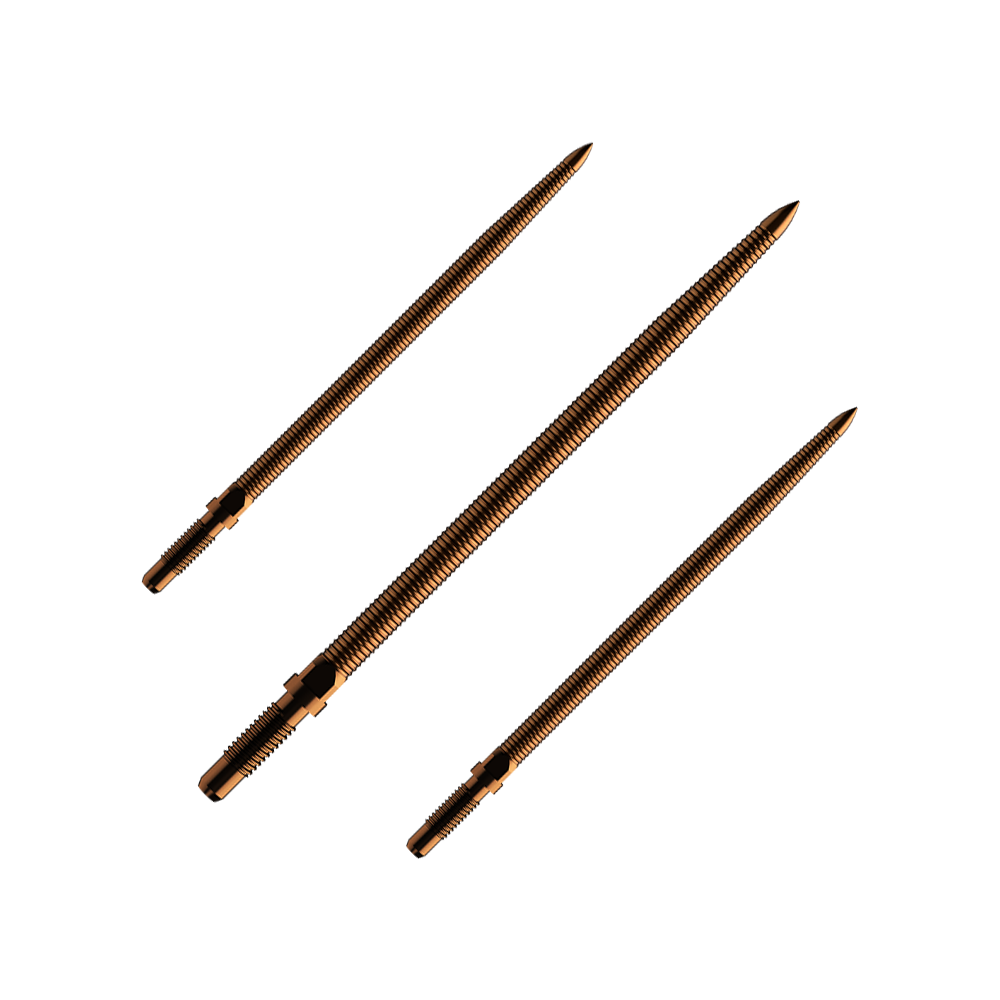 Das Bild zeigt ein Set aus MicroGrip Bronze Convertible Points, 40mm lang. Mehrere Dartspitzen sind nebeneinander dargestellt.