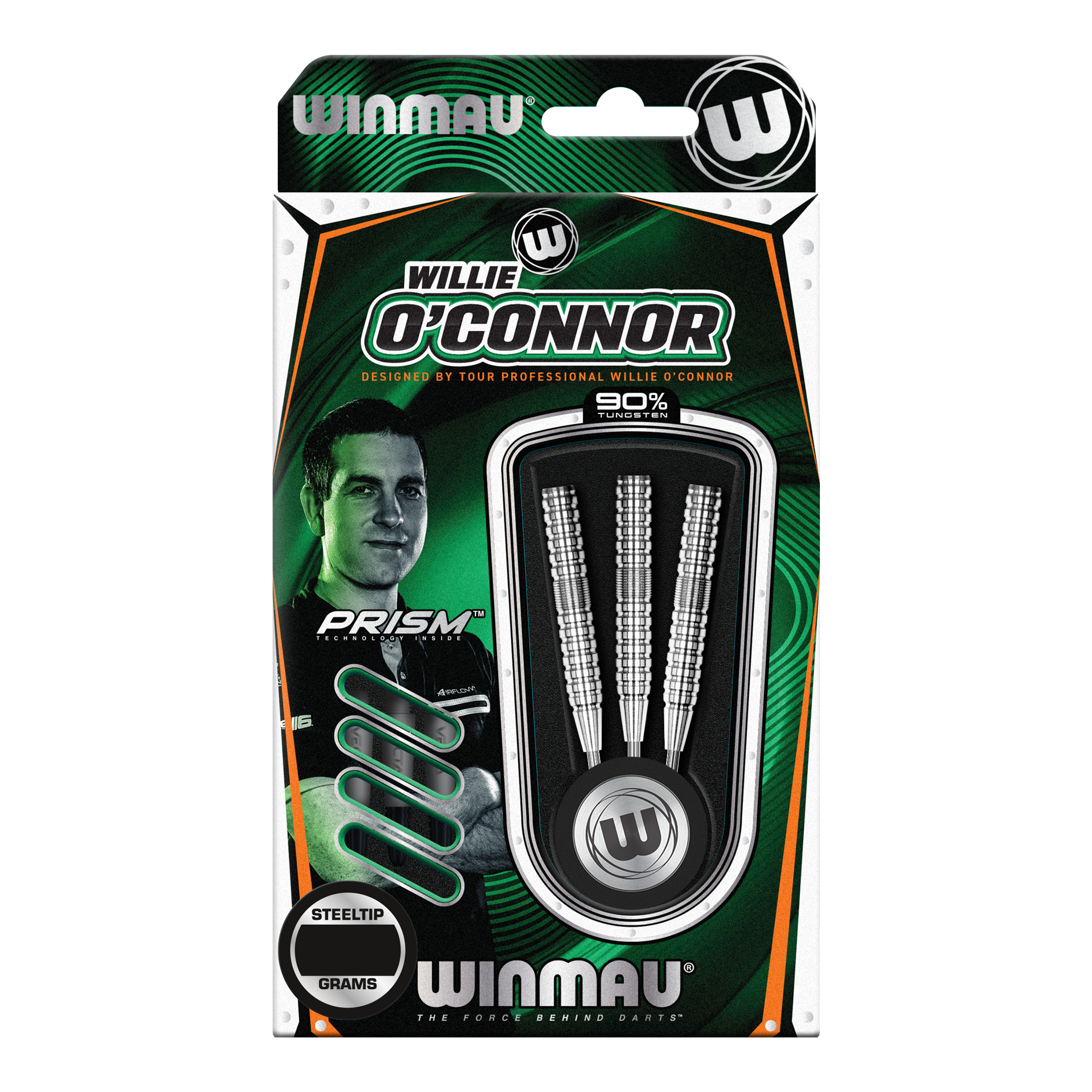 Winmau Willie OConnor Steeldarts - 23g Die Verpackung zeigt die Winmau Willie O’Connor Steeldarts mit einem Gewicht von 23 Gramm. Im Inneren sind drei silberne Steeldarts zu sehen.
