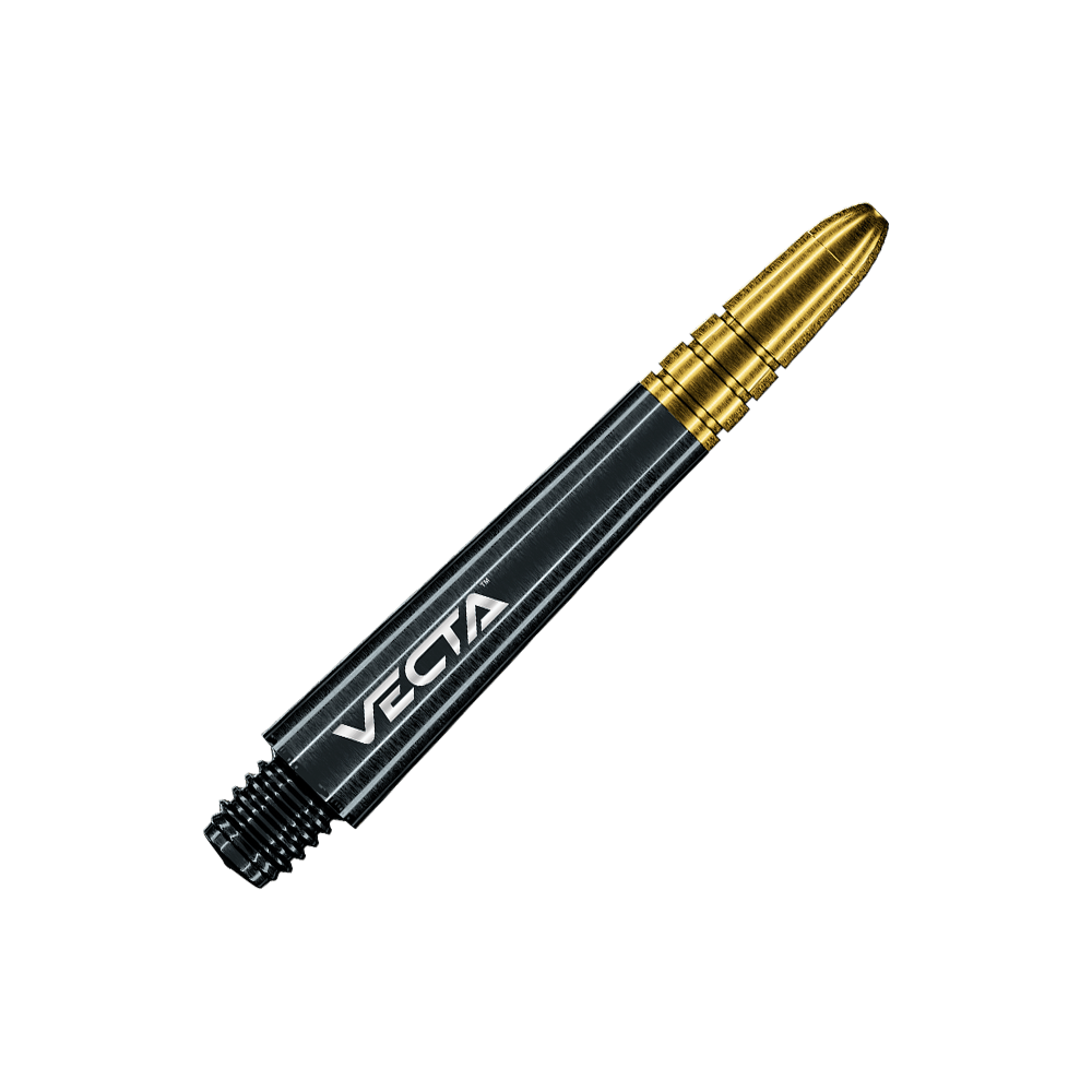7025-409_Winmau_Vecta_Shafts_Schwarz_Gold_37mm_2 Das Bild zeigt einen schwarzen und goldenen Dartshaft mit der Aufschrift "VECTA". Der Schaft hat ein modernes, glänzendes Design und ist 37 mm lang.