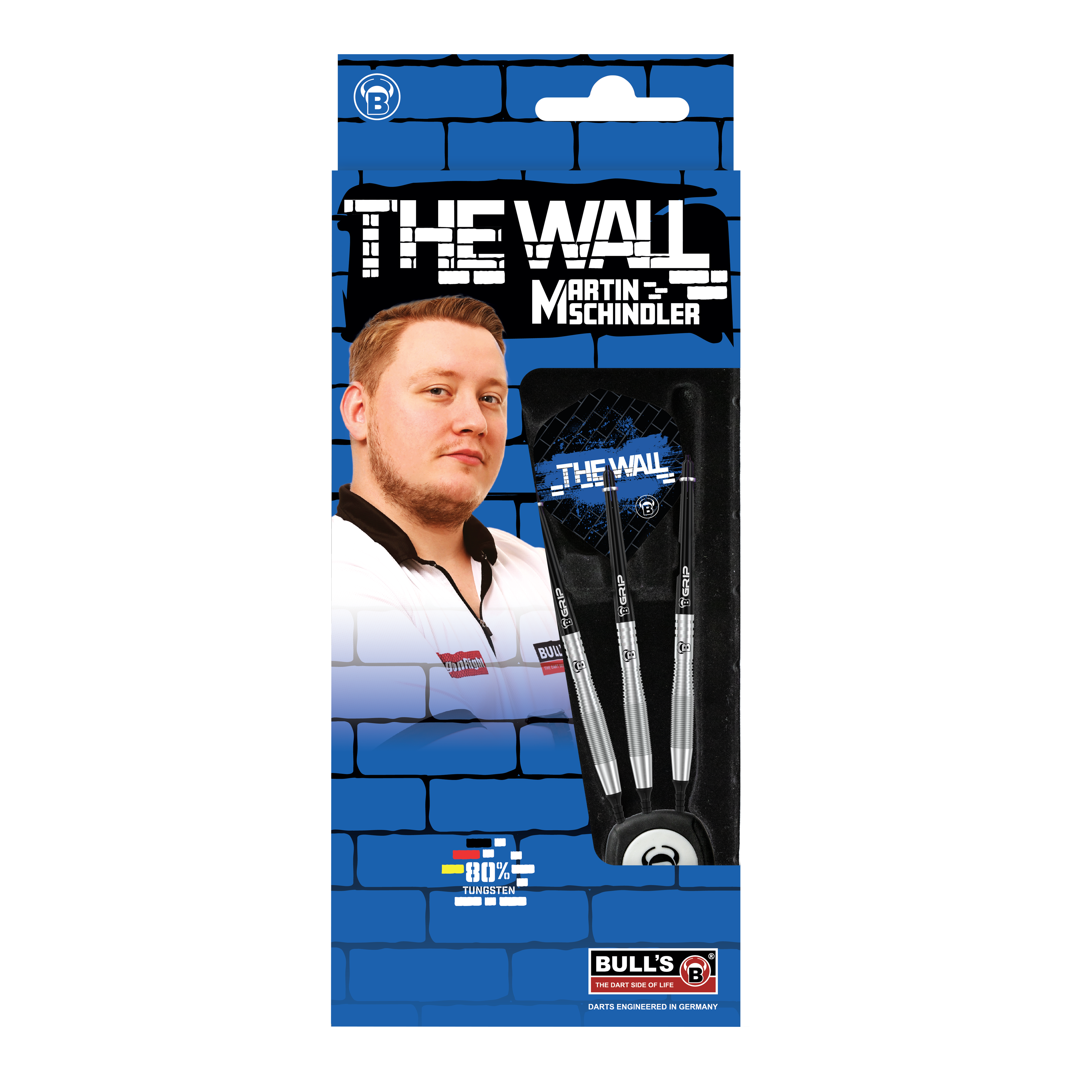 Bulls Martin Schindler TW80 Softdarts - 18g Die Abbildung zeigt die Produktverpackung der "Bulls Martin Schindler TW80 Softdarts - 18g". Auf der Verpackung ist ein Bild von Martin Schindler sowie drei Softdarts und das Logo von BULL'S zu sehen.