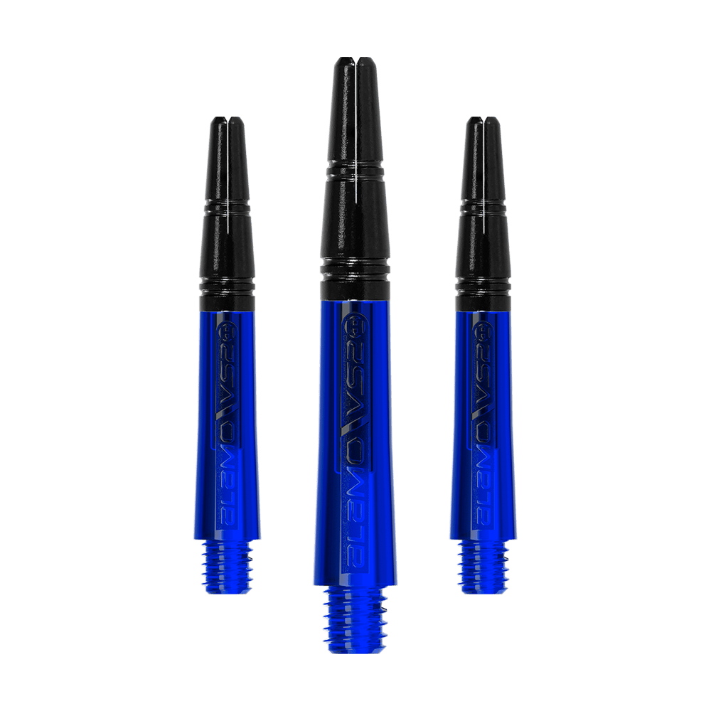 Harrows Alamo VS2 Shafts - Blau Das Bild zeigt drei blaue Dartschäfte mit schwarzem oberen Teil. Sie sind nebeneinander angeordnet und haben ein glänzendes Design.
