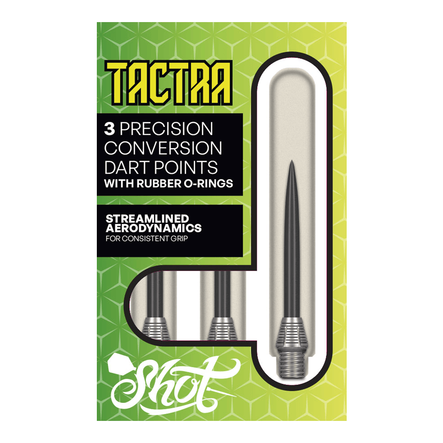 Shot Tactra Conversion Points - 34 mm Hier sieht man die Shot Tactra Conversion Points - 34 mm. Sie bieten eine praktische Lösung für Dartspieler, die flexibel wechseln möchten.