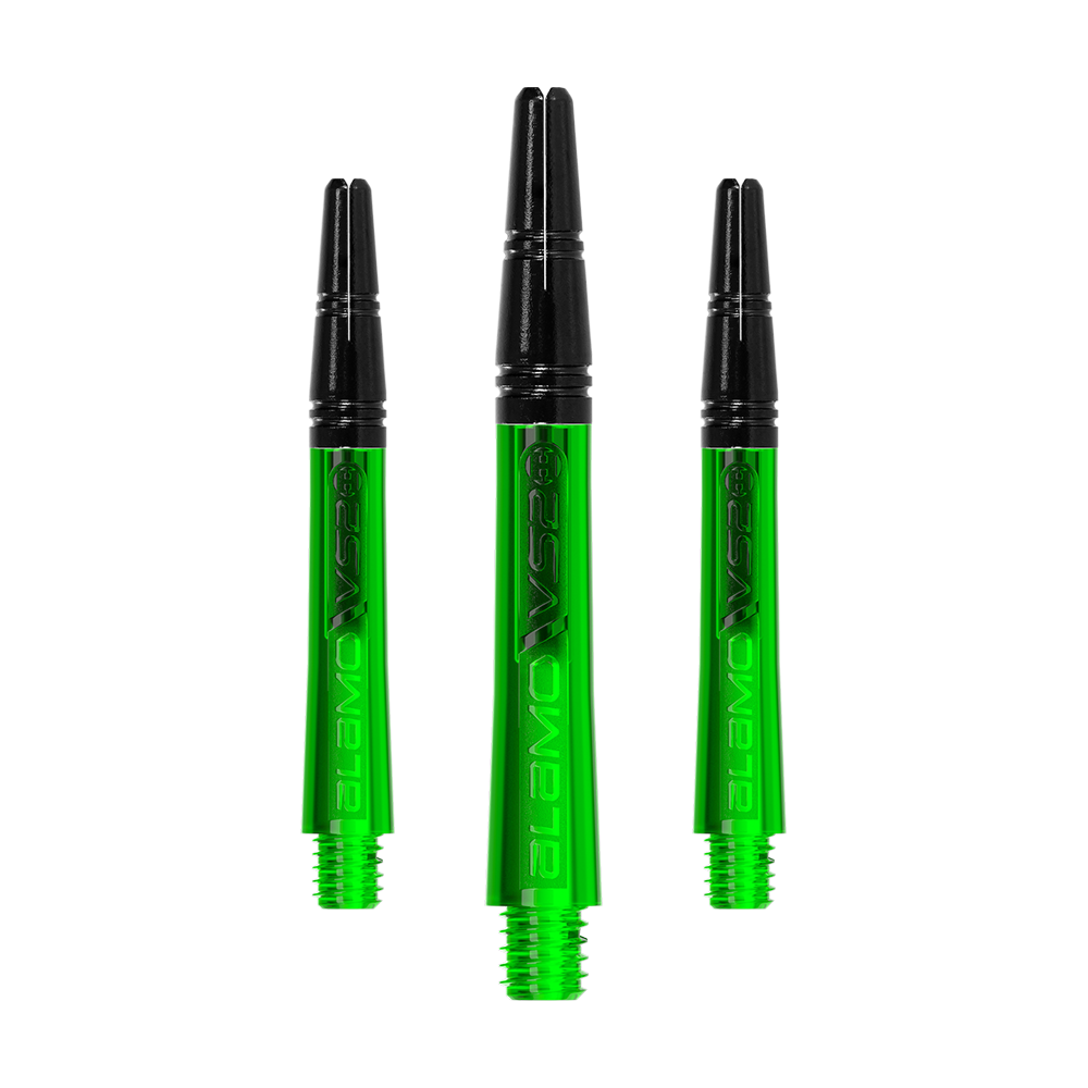 Harrows Alamo VS2 Shafts - Grün Auf dem Bild sind drei grüne und schwarze Dart-Schäfte zu sehen. Sie sind 40 mm lang und tragen die Aufschrift "Alamo VS2".