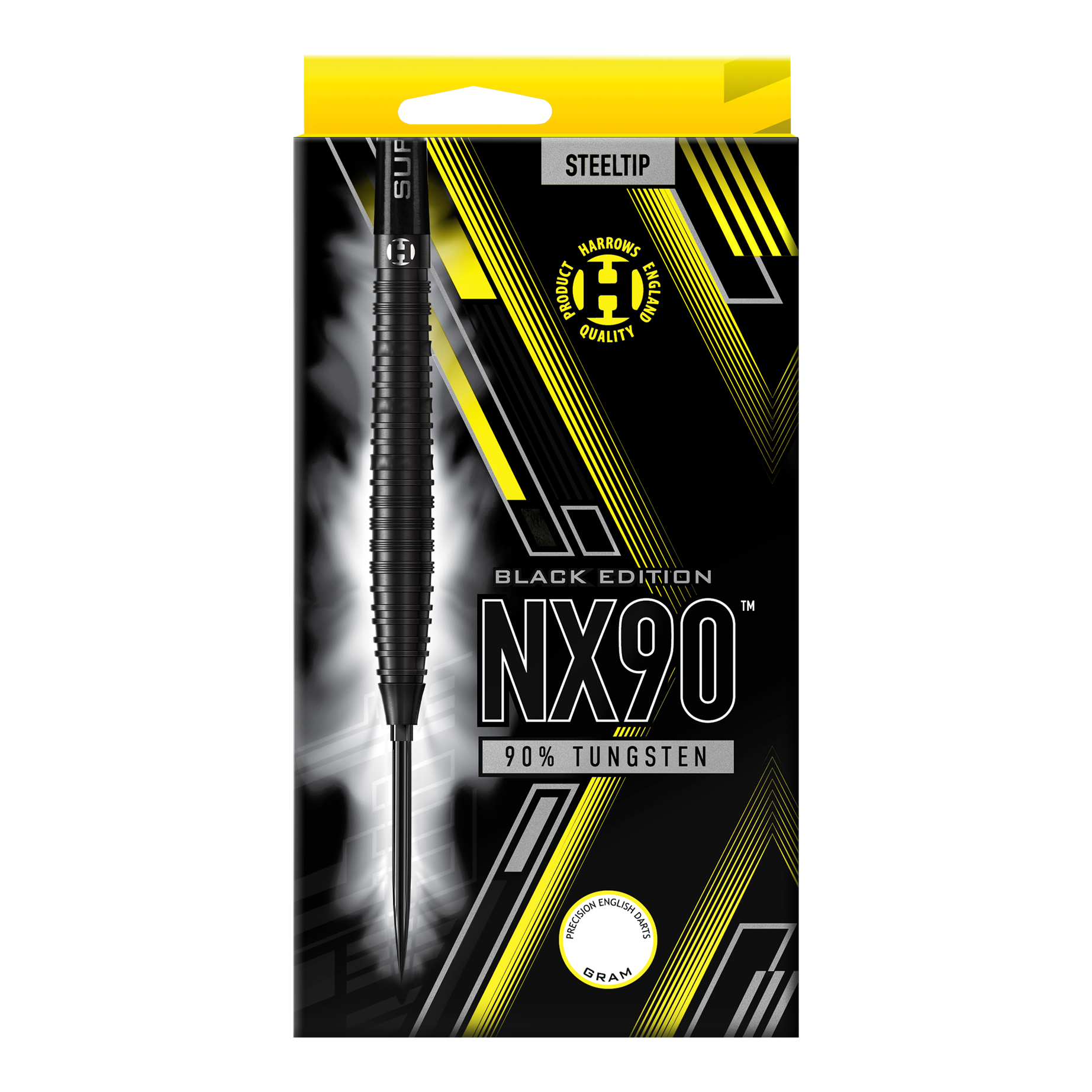 Harrows NX90 Black Edition Tapered Quick Point Steeldarts Die Abbildung zeigt die Harrows NX90 Black Edition Tapered Quick Point Steeldarts. Sie haben eine elegante, konische Silhouette und sind komplett schwarz.