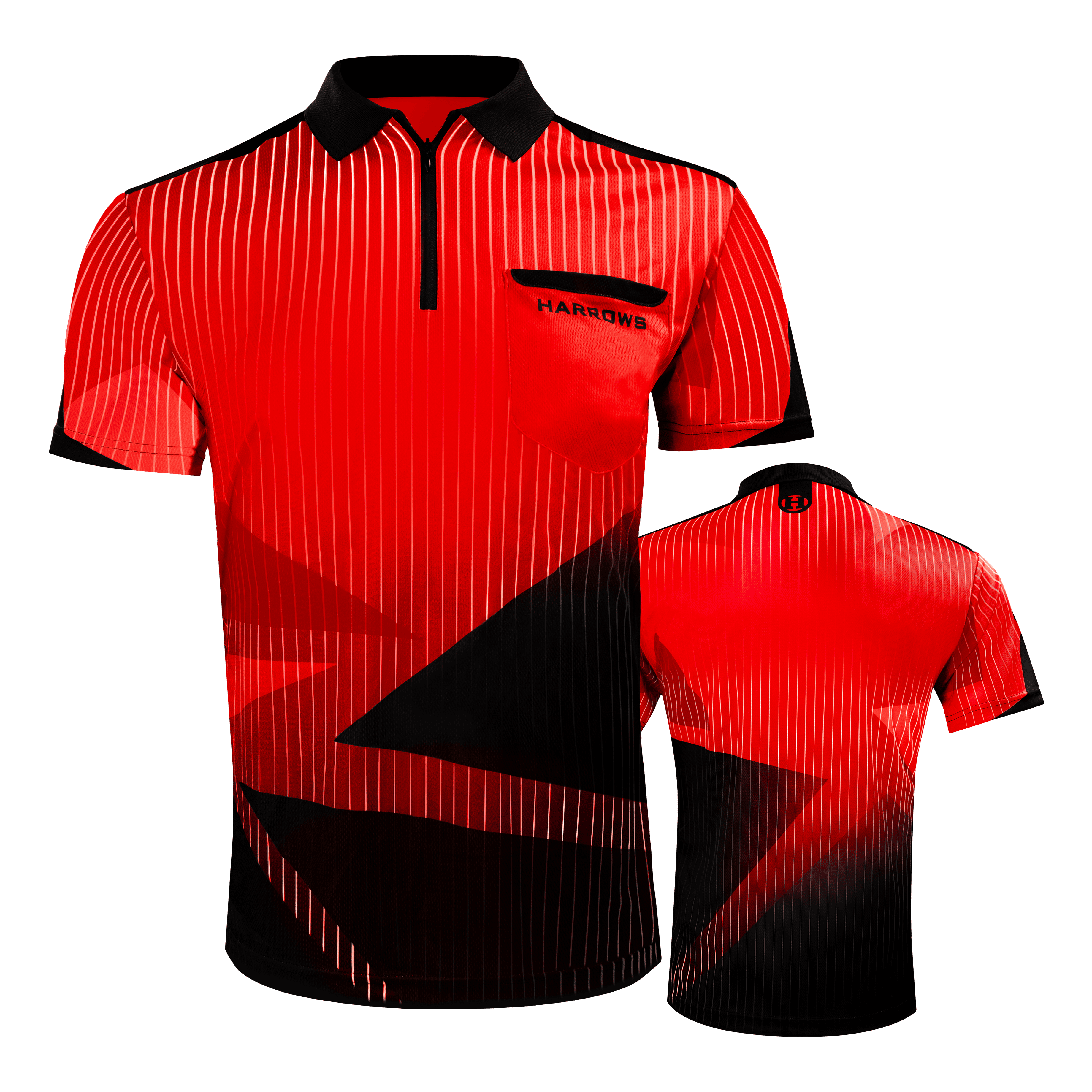 Harrows Shard Dartshirt - Rot Das Bild zeigt das Harrows Shard Dartshirt in Rot mit schwarzen und weißen Streifen sowie geometrischen Mustern. Das Shirt hat einen schwarzen Kragen und eine Brusttasche mit dem Schriftzug "HARROWS".