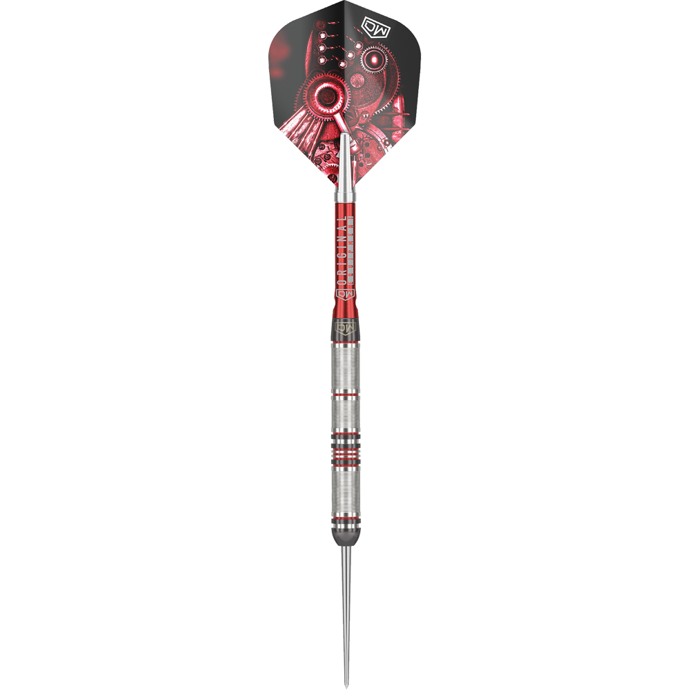 DW Piranha Razor 01 Steeldarts Das Bild zeigt den Steeldart "DW Piranha Razor 01". Der Dart hat ein silbernes Griffstück mit roten Akzenten und eine Flight mit mechanischem Design.